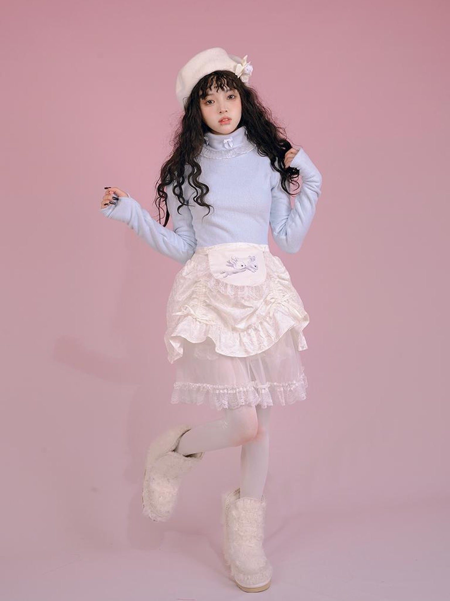 Daytoday Butterfly Bow Ribbed High Neck Long Sleeve Top