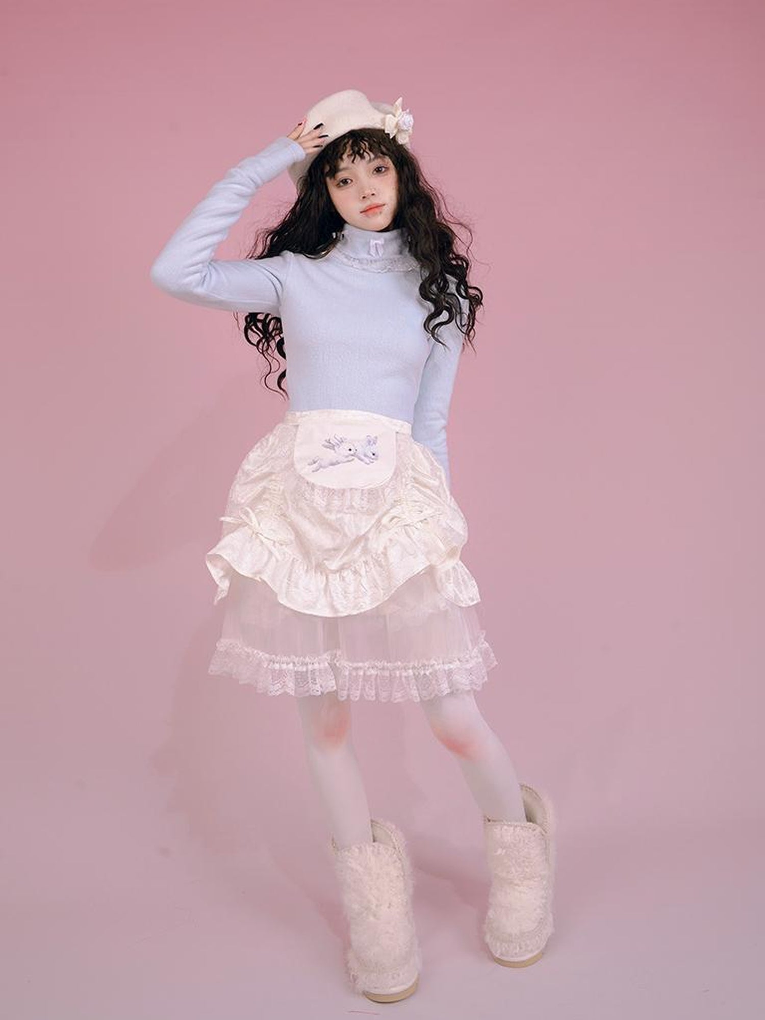 Daytoday Butterfly Bow Ribbed High Neck Long Sleeve Top