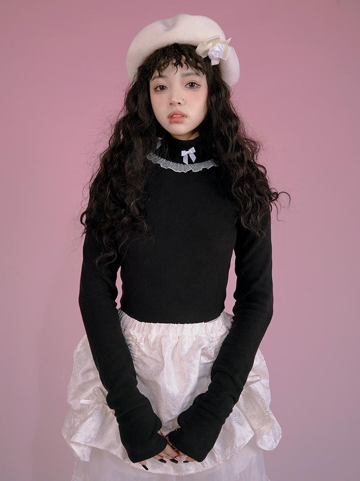 Daytoday Butterfly Bow Ribbed High Neck Long Sleeve Top