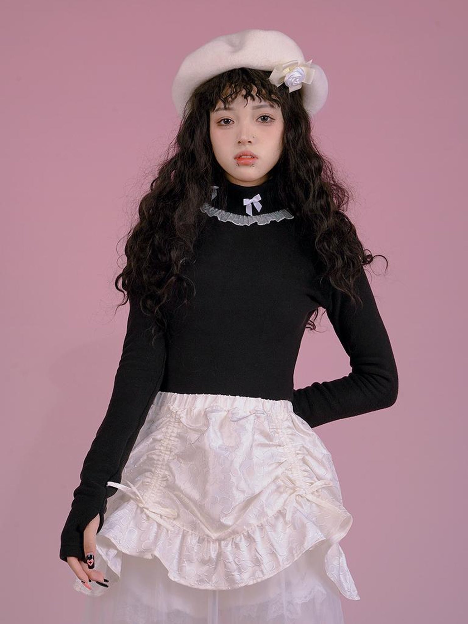 Daytoday Butterfly Bow Ribbed High Neck Long Sleeve Top