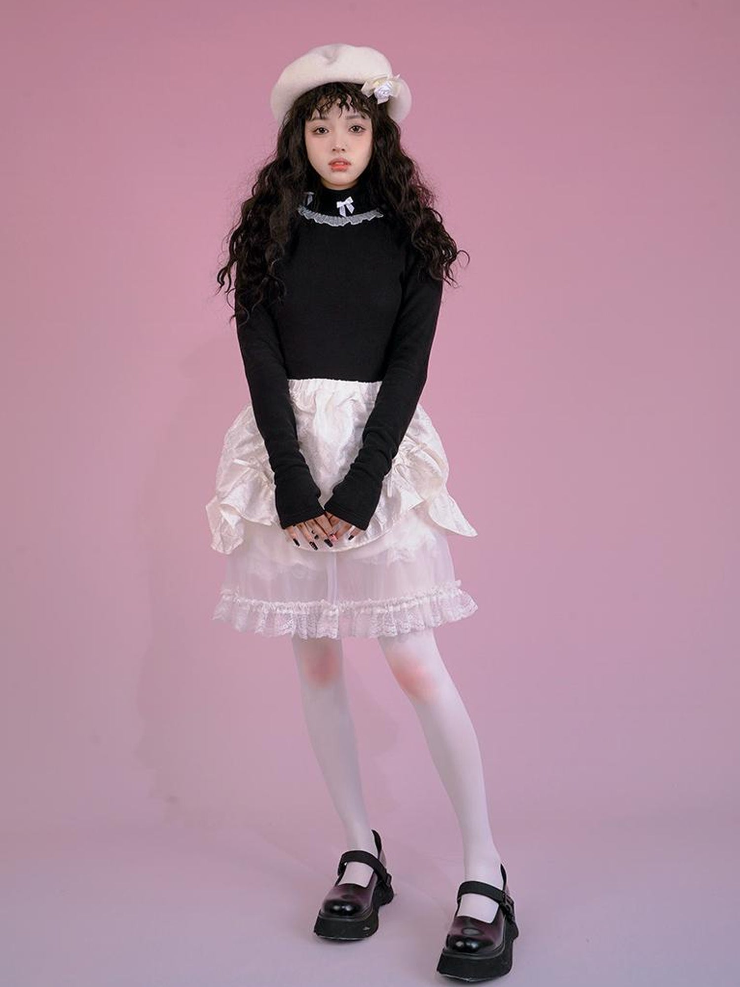 Daytoday Butterfly Bow Ribbed High Neck Long Sleeve Top