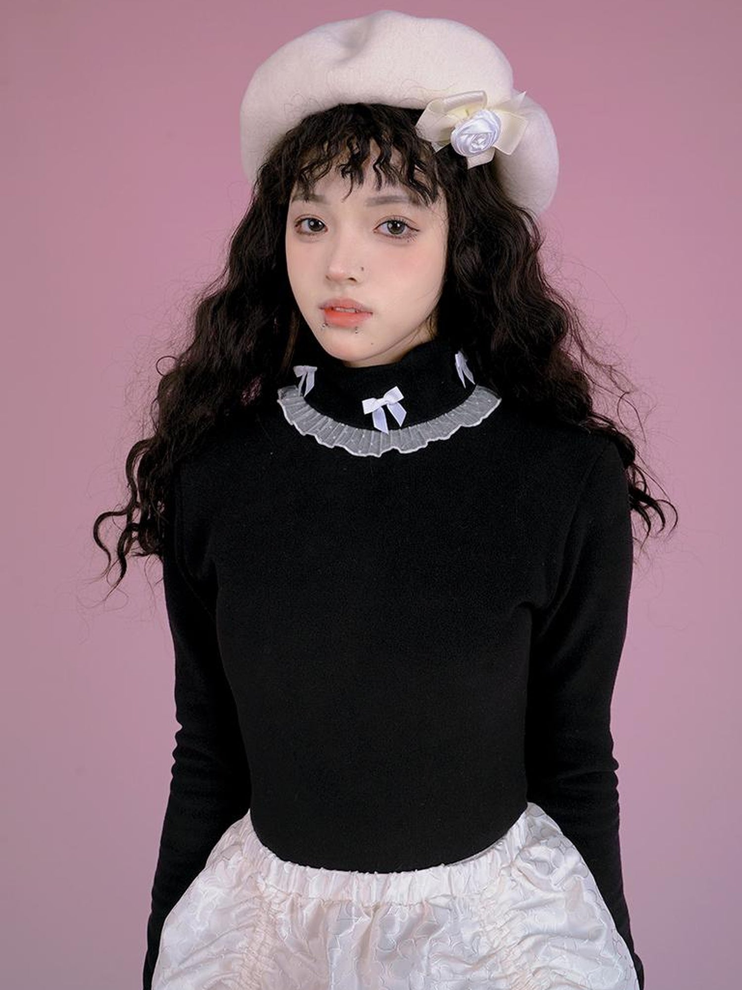 Daytoday Butterfly Bow Ribbed High Neck Long Sleeve Top