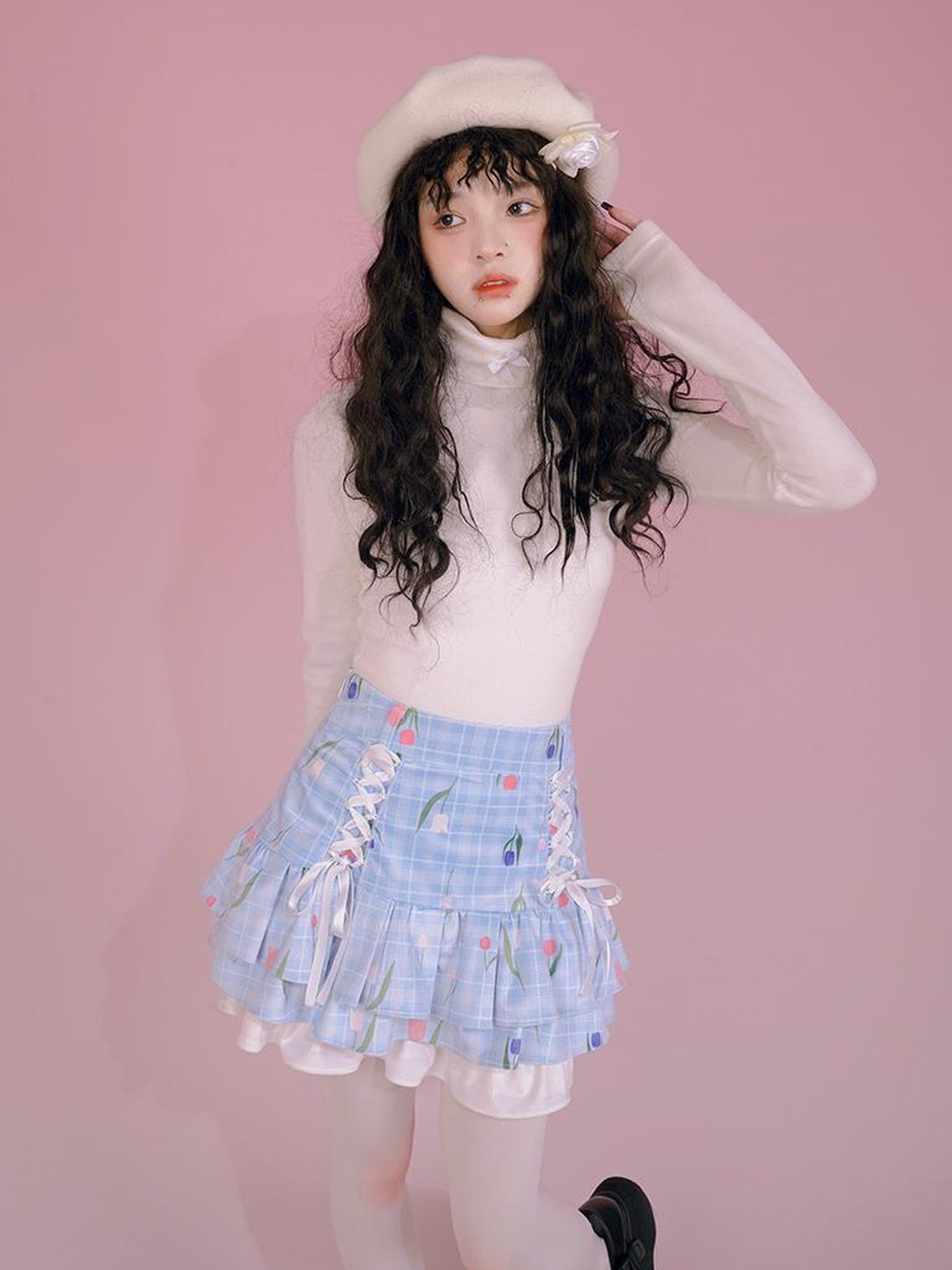 Daytoday Butterfly Bow Ribbed High Neck Long Sleeve Top