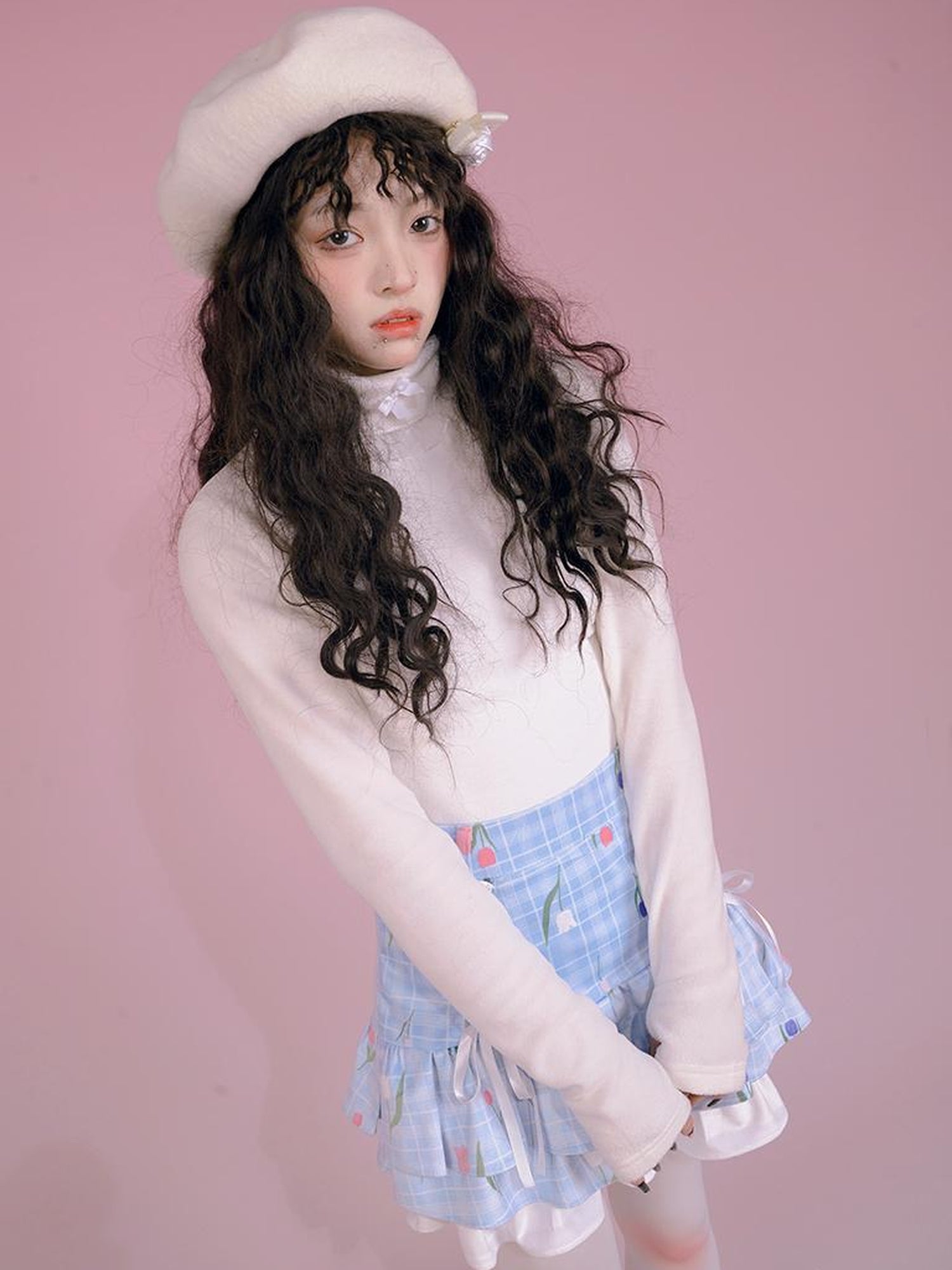 Daytoday Butterfly Bow Ribbed High Neck Long Sleeve Top