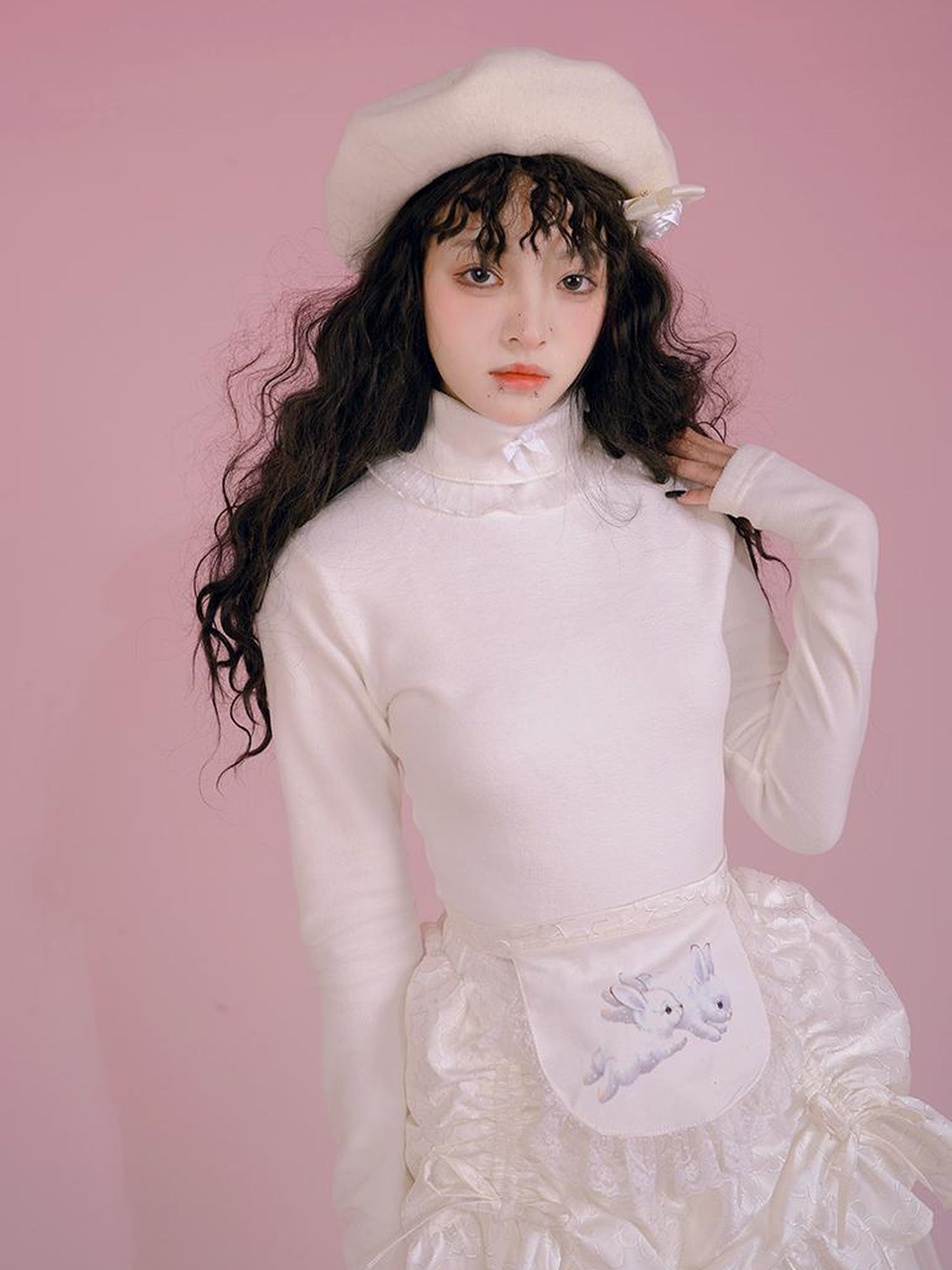 Daytoday Butterfly Bow Ribbed High Neck Long Sleeve Top