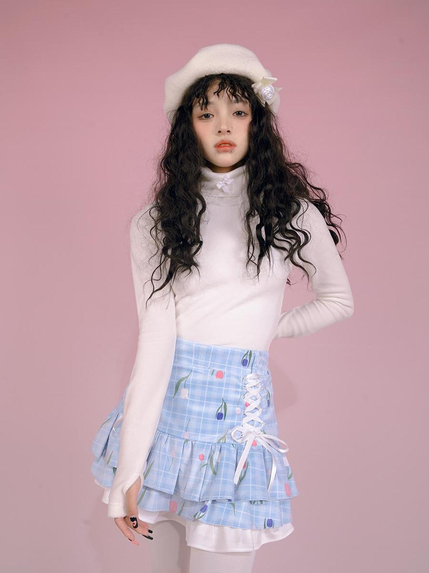 Daytoday Butterfly Bow Ribbed High Neck Long Sleeve Top