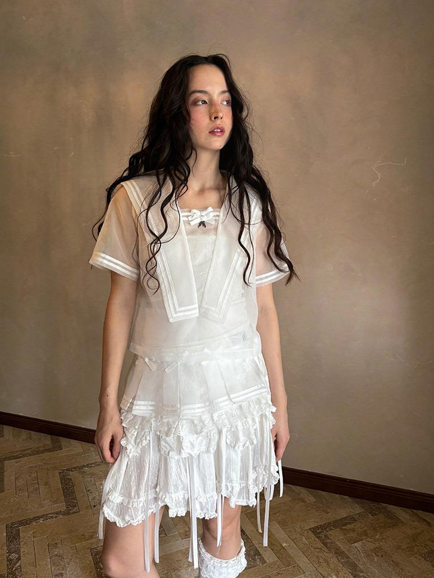 Daytoday Butterfly Bow Sheer Pleated Mini Skirt Layered Frill
