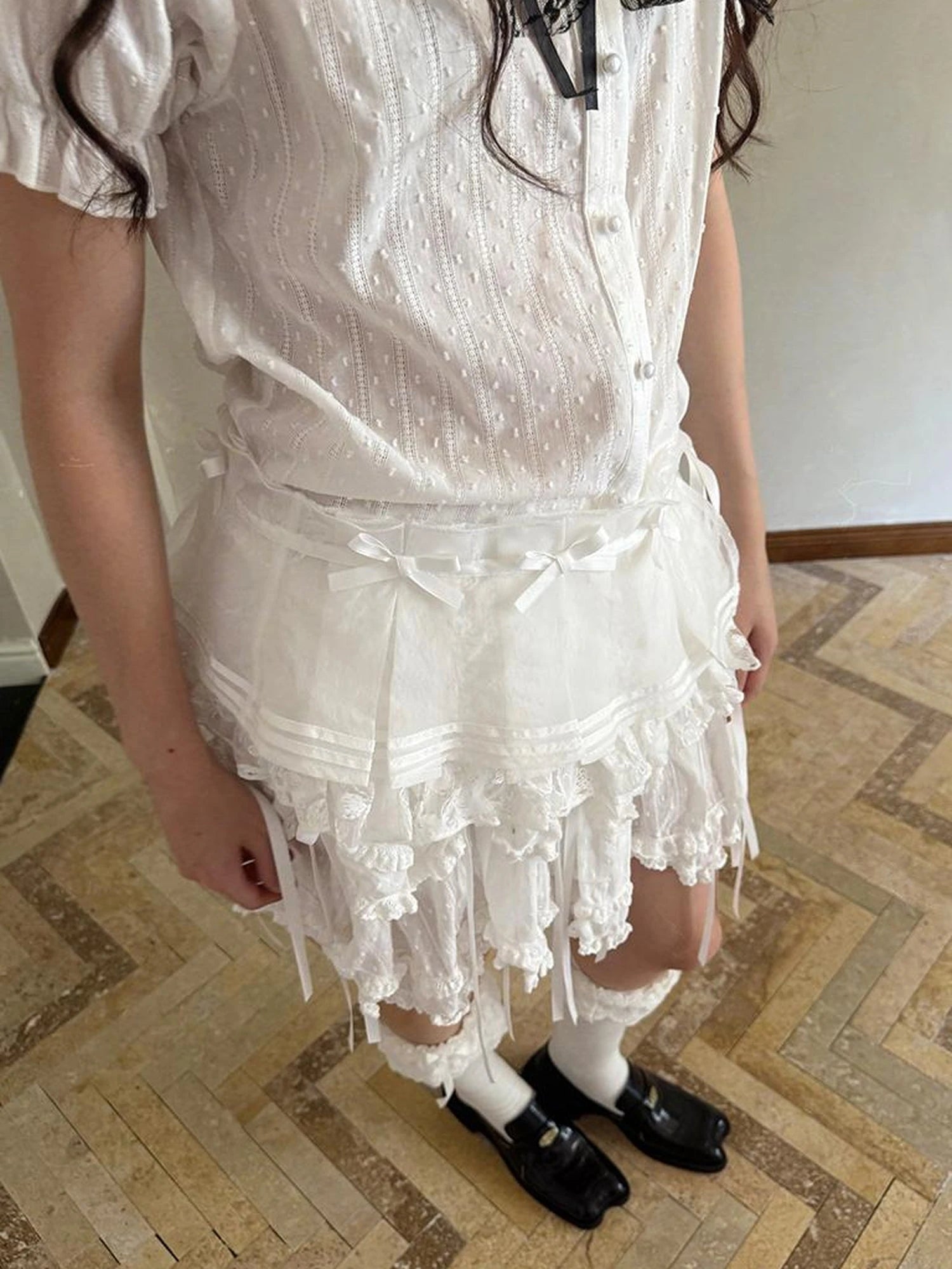 Butterfly Bow Sheer Pleated Mini Skirt Layered Frill