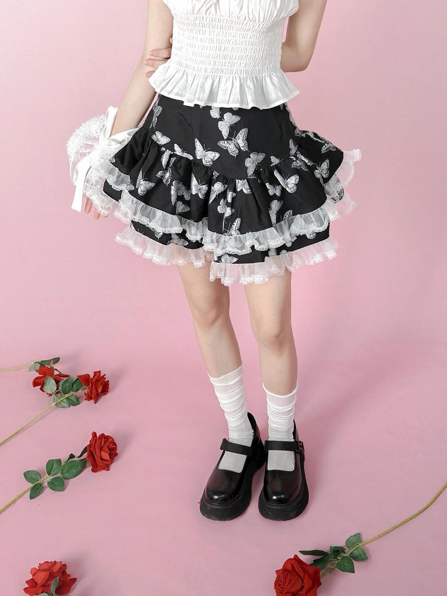 Daytoday Butterfly Cross Jacquard Denim Flounce Skirt