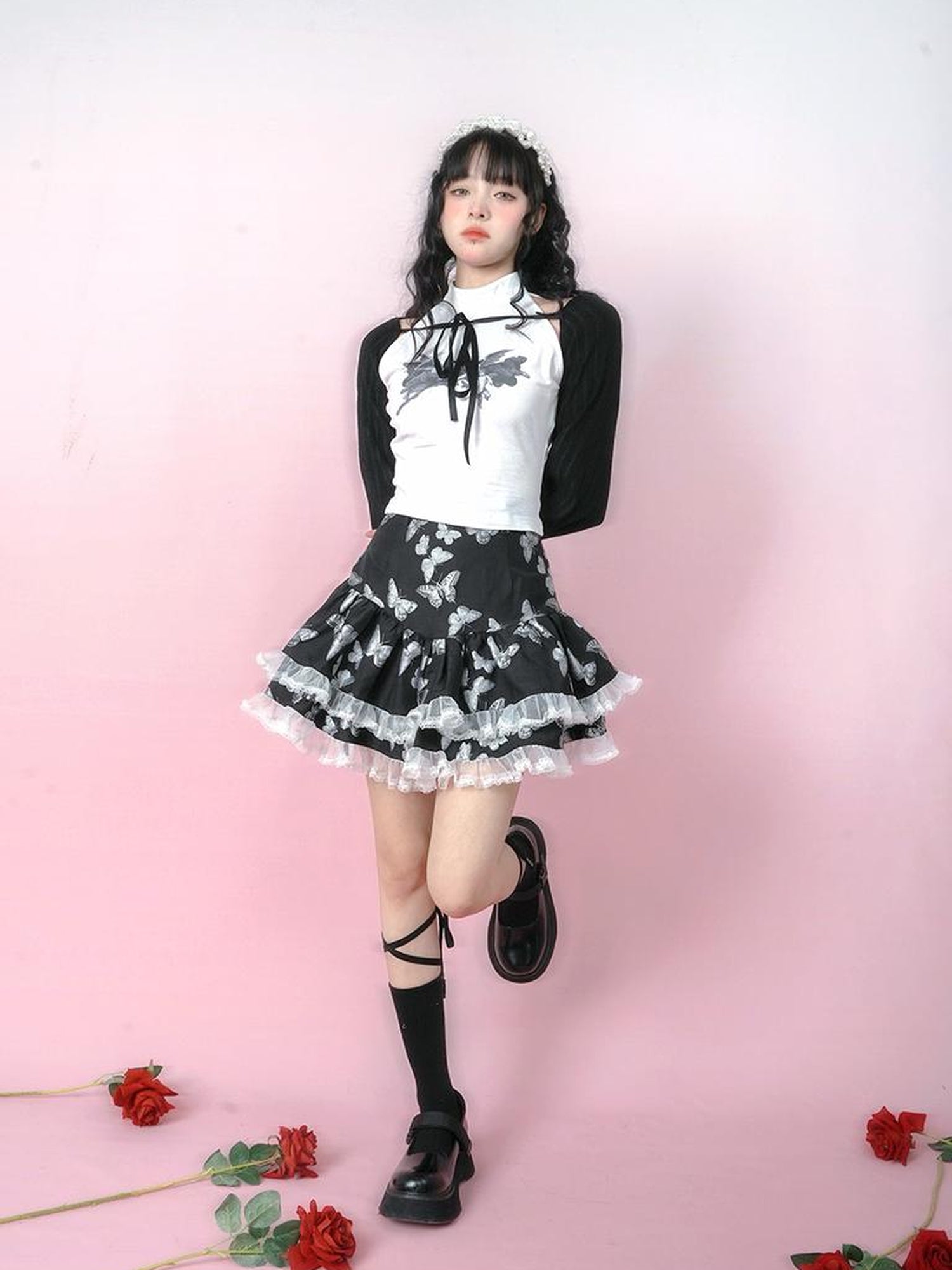 Daytoday Butterfly Cross Jacquard Denim Flounce Skirt