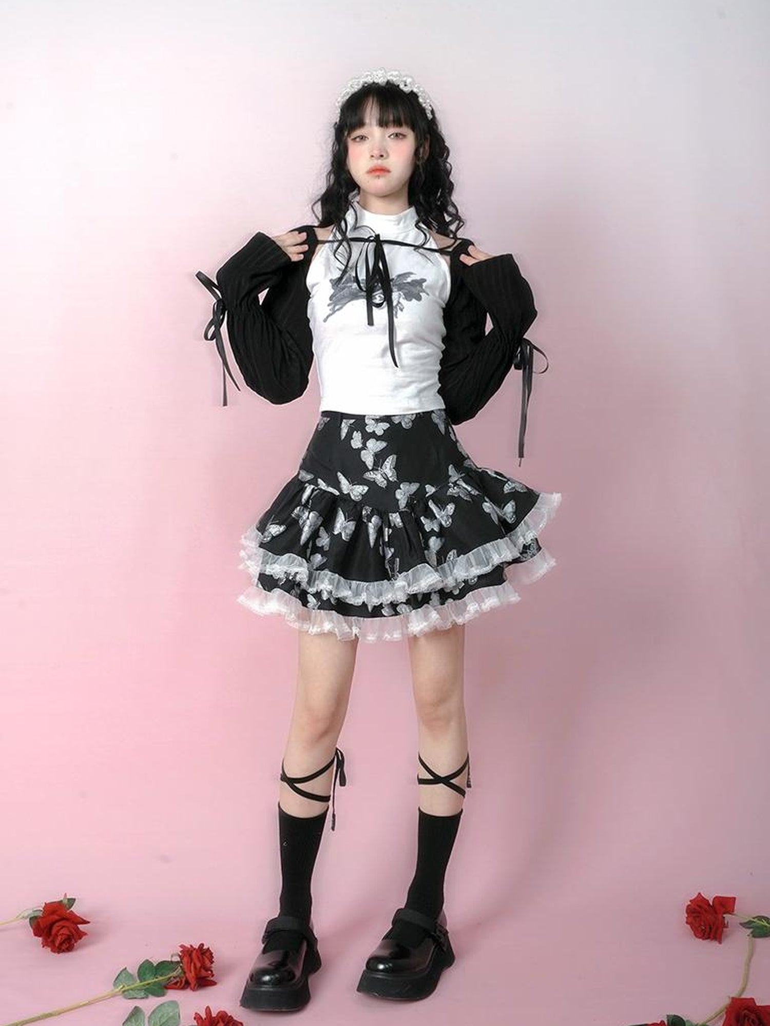 Daytoday Butterfly Cross Jacquard Denim Flounce Skirt