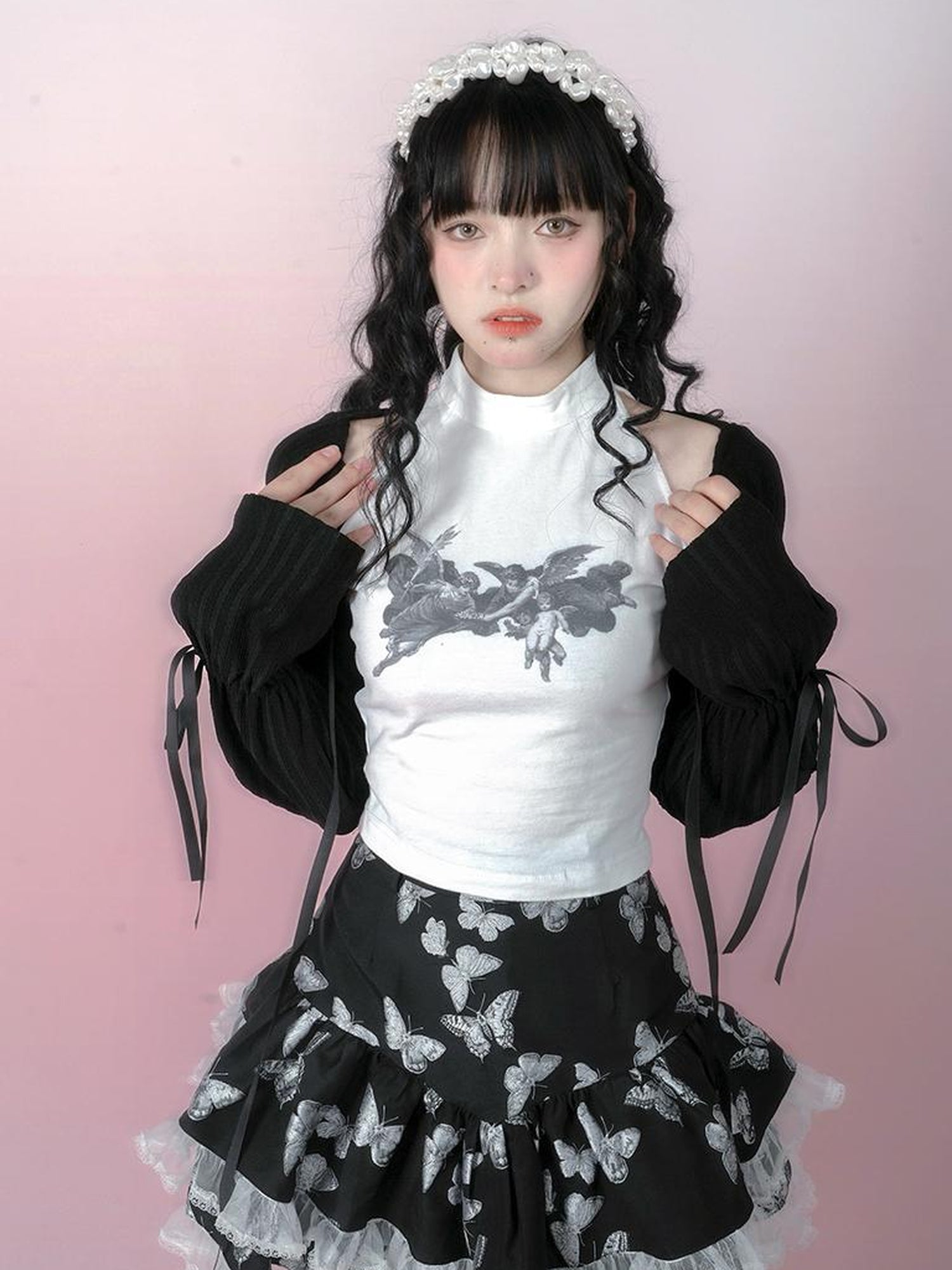 Daytoday Butterfly Cross Jacquard Denim Flounce Skirt