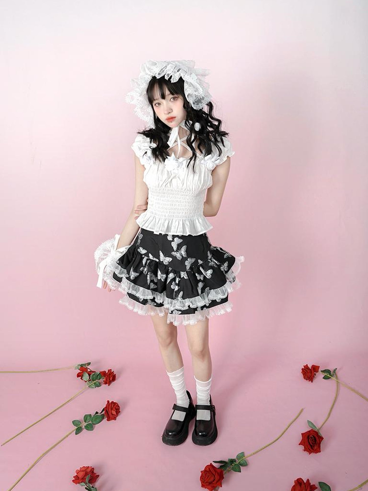 Daytoday Butterfly Cross Jacquard Denim Flounce Skirt