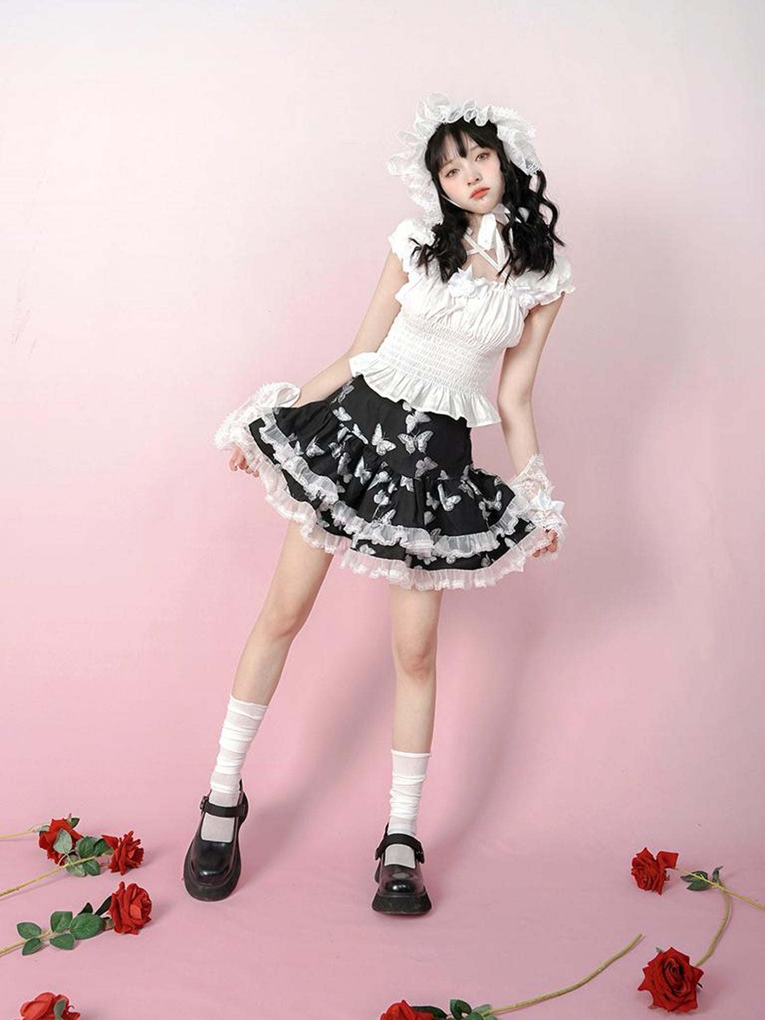 Daytoday Butterfly Cross Jacquard Denim Flounce Skirt