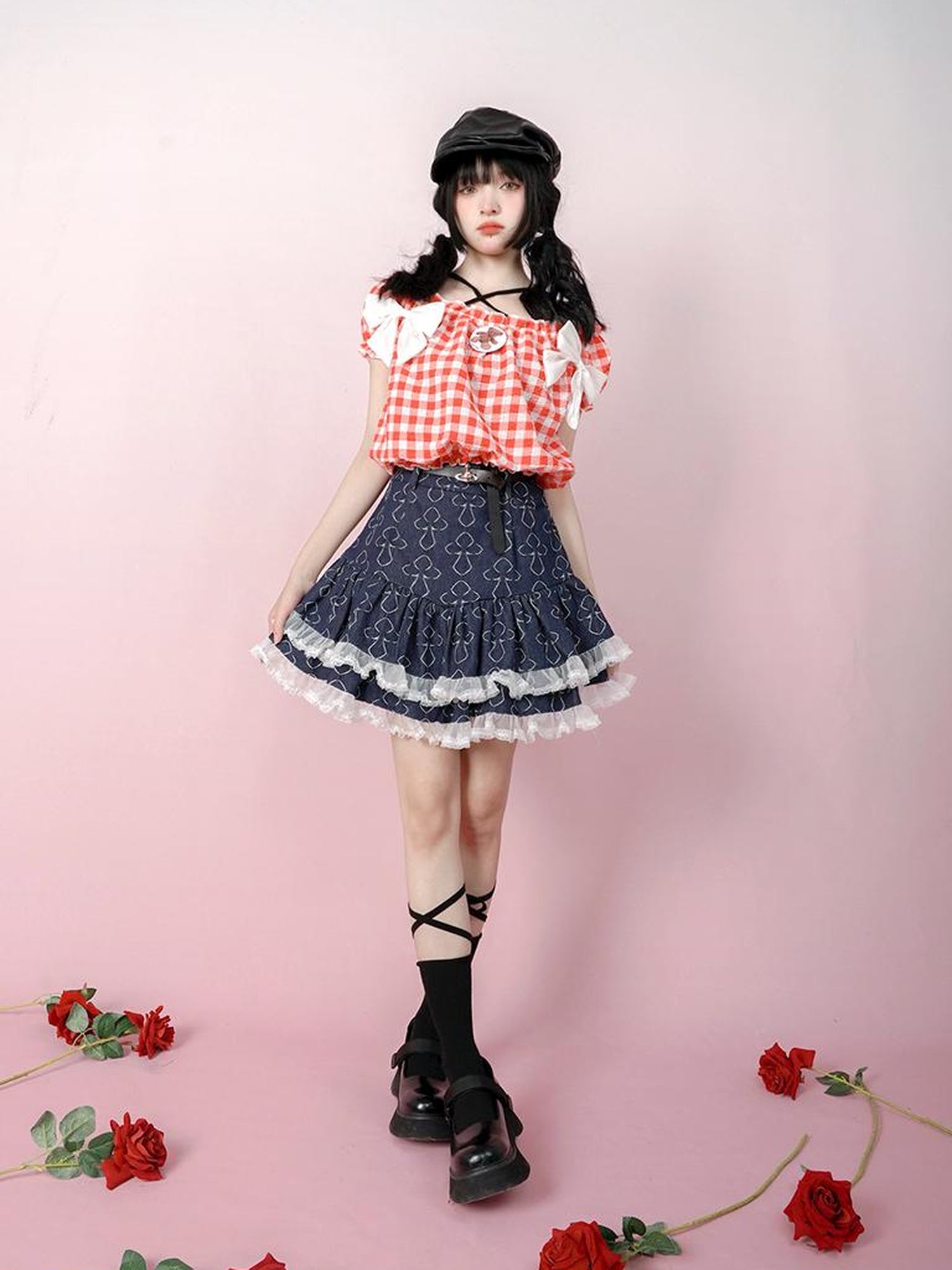 Daytoday Butterfly Cross Jacquard Denim Flounce Skirt