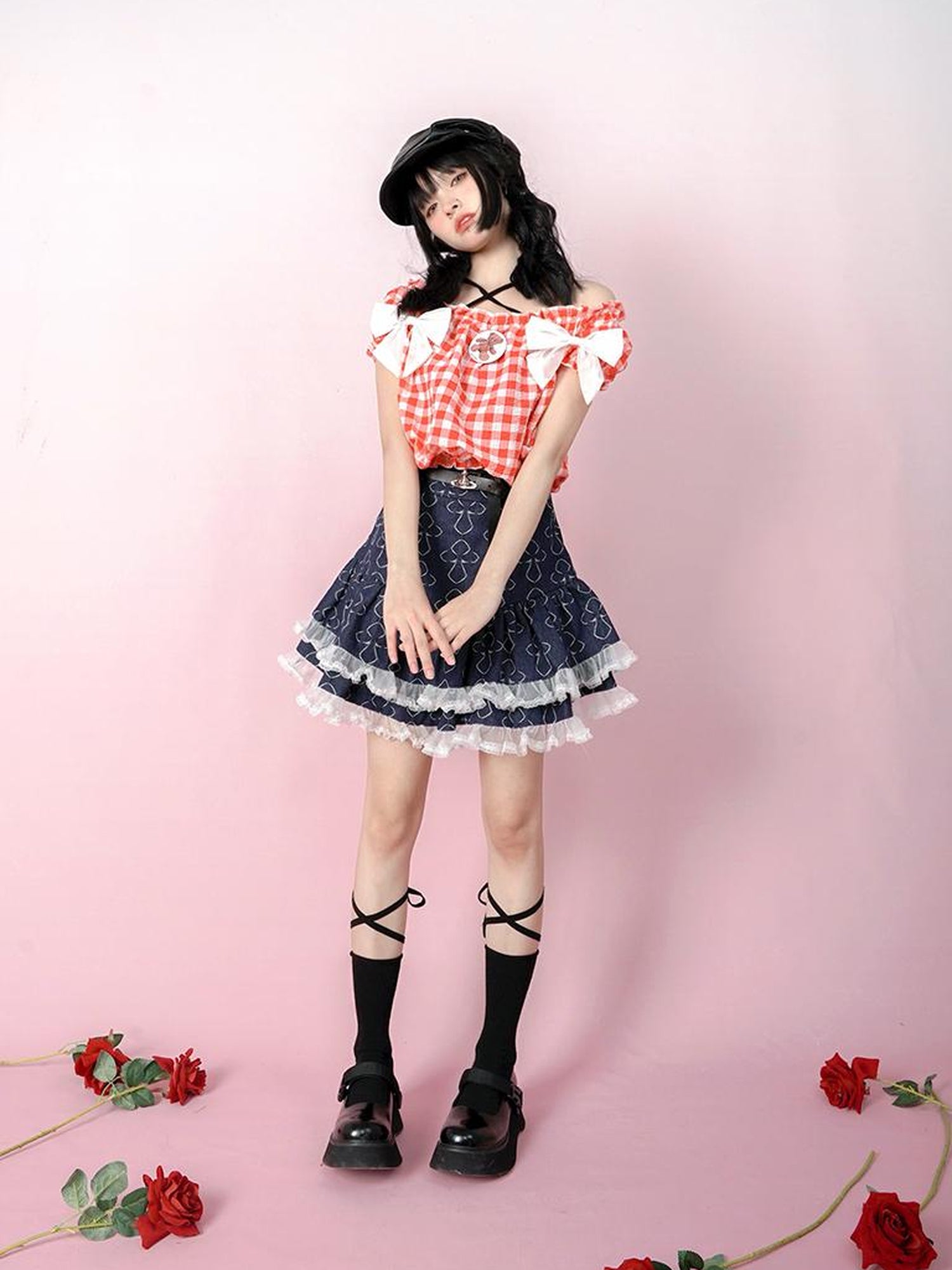 Daytoday Butterfly Cross Jacquard Denim Flounce Skirt