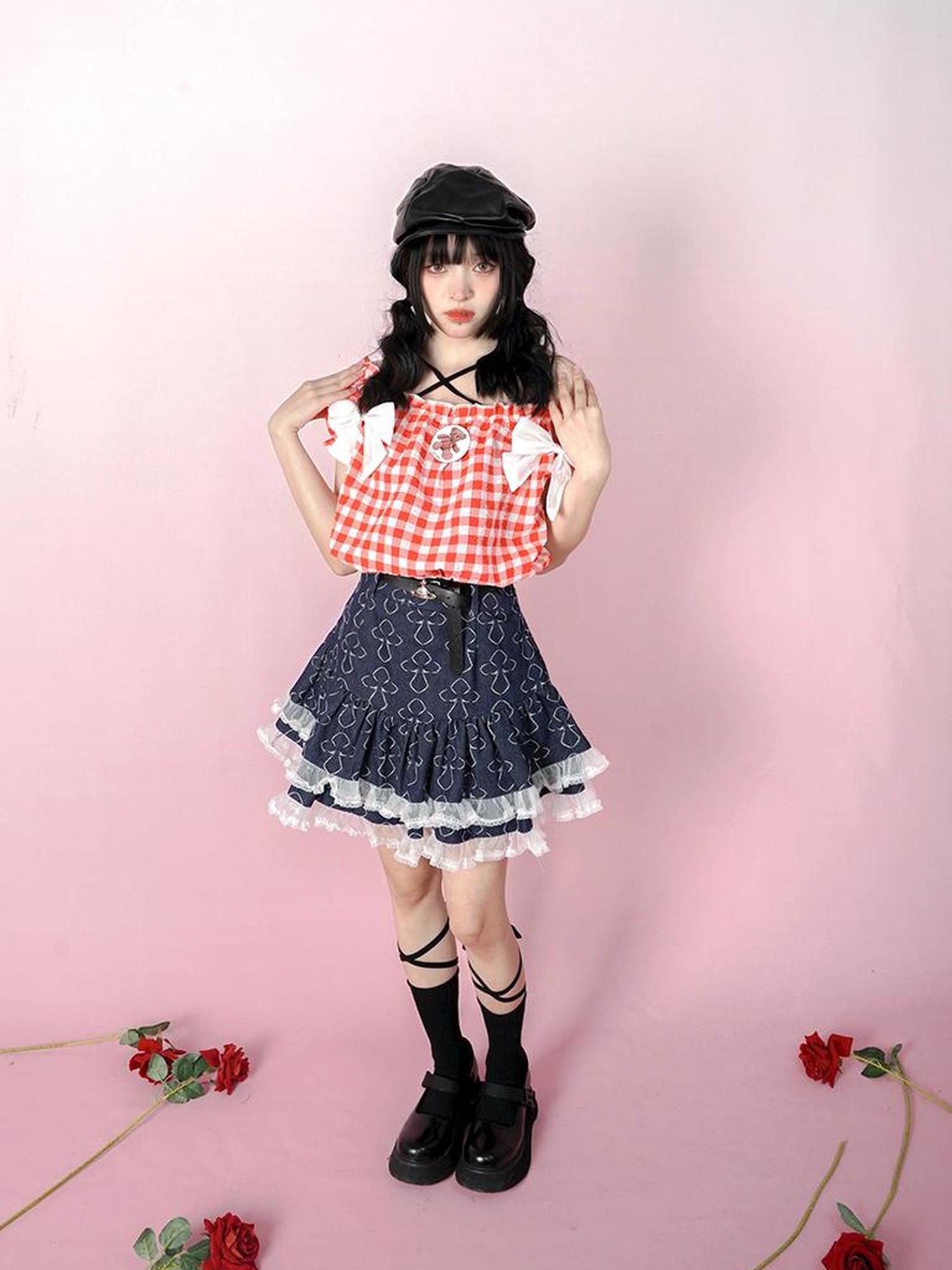 Daytoday Butterfly Cross Jacquard Denim Flounce Skirt