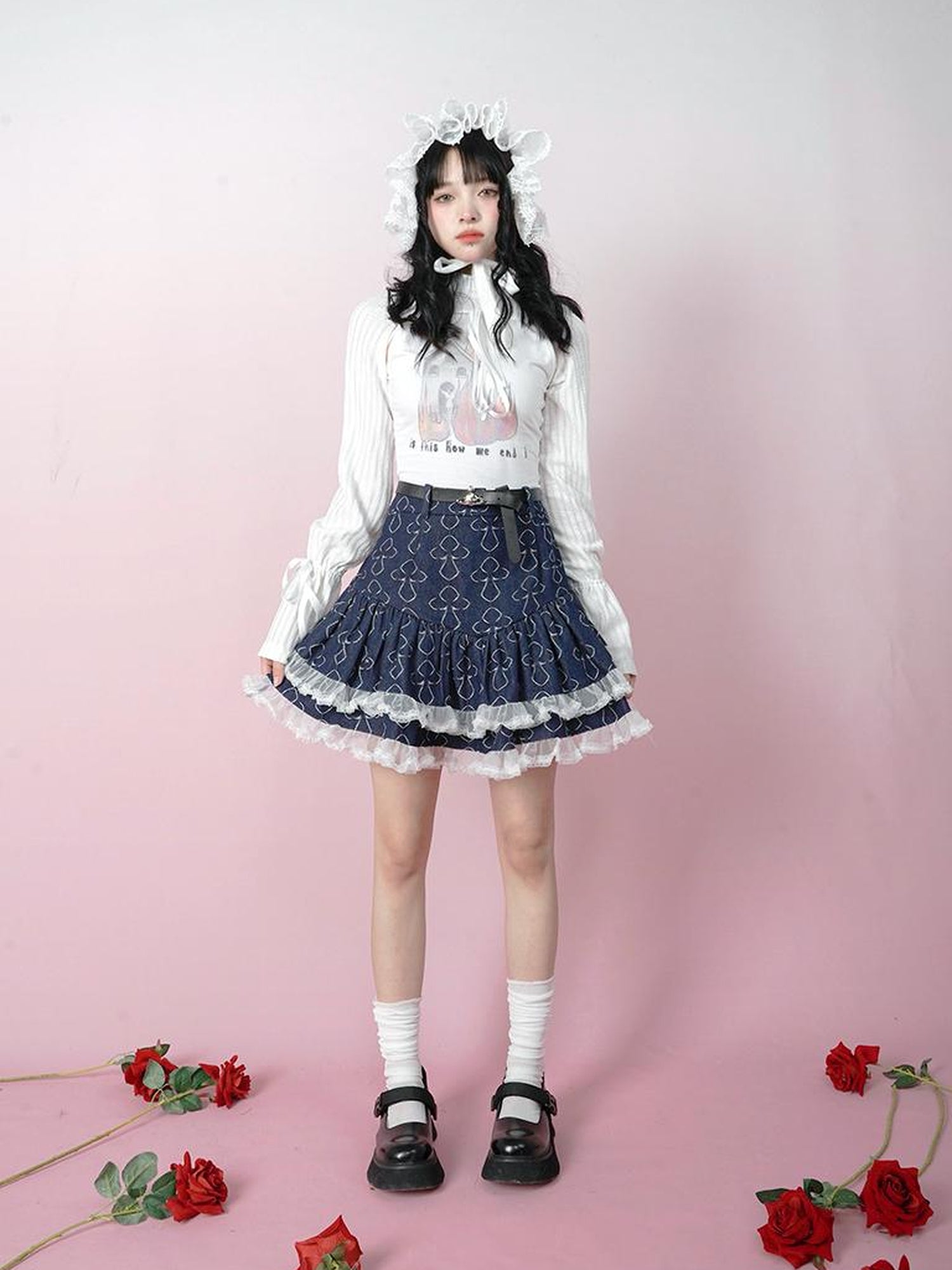 Daytoday Butterfly Cross Jacquard Denim Flounce Skirt