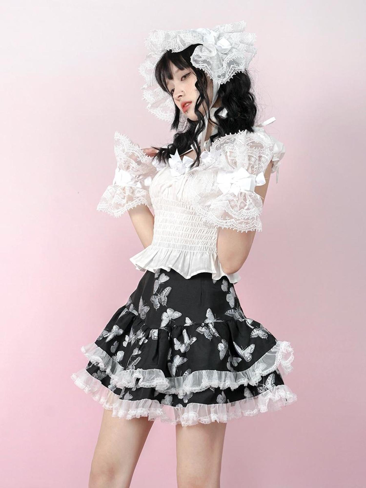 Daytoday Butterfly Cross Jacquard Denim Flounce Skirt