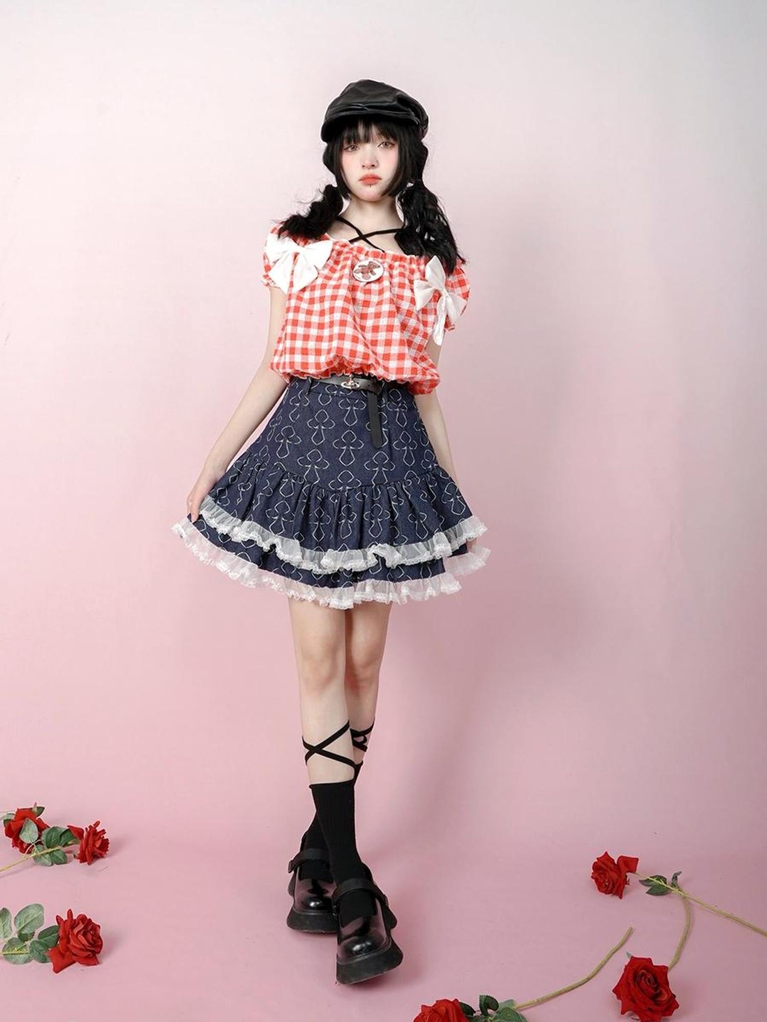 Daytoday Butterfly Cross Jacquard Denim Flounce Skirt