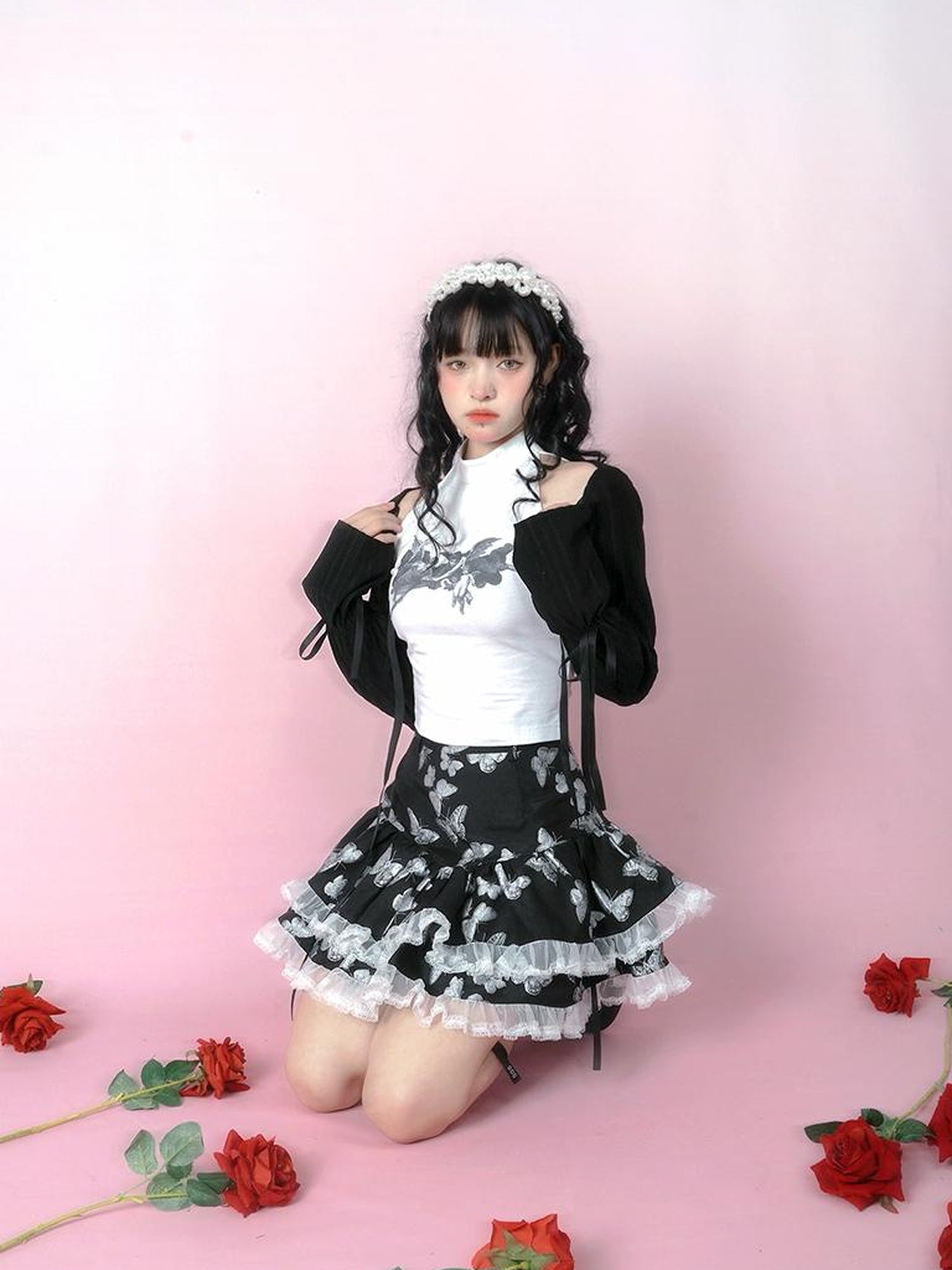 Daytoday Butterfly Cross Jacquard Denim Flounce Skirt