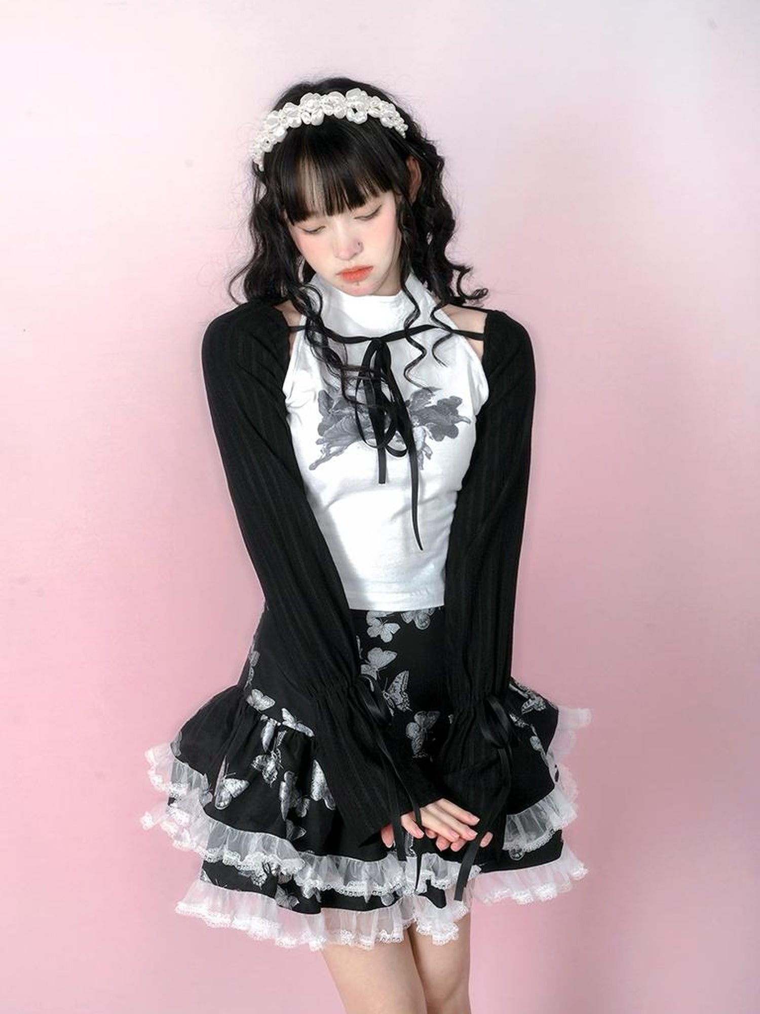 Daytoday Butterfly Cross Jacquard Denim Flounce Skirt