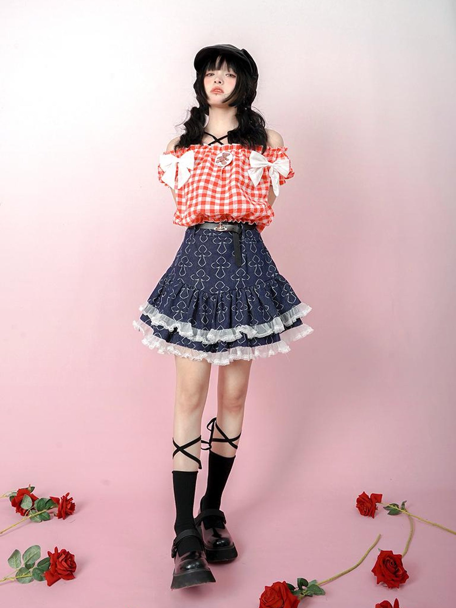 Daytoday Butterfly Cross Jacquard Denim Flounce Skirt