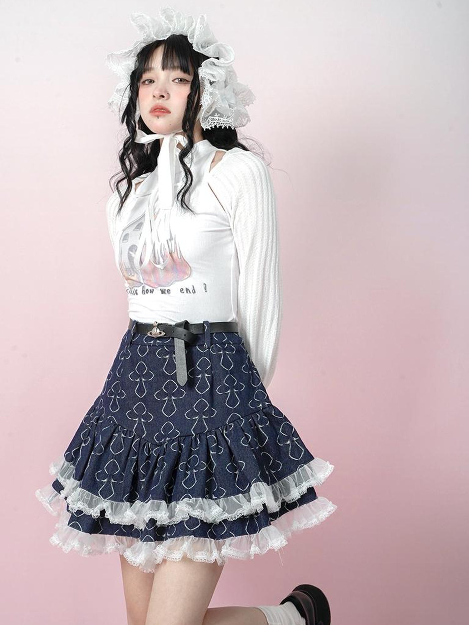 Daytoday Butterfly Cross Jacquard Denim Flounce Skirt