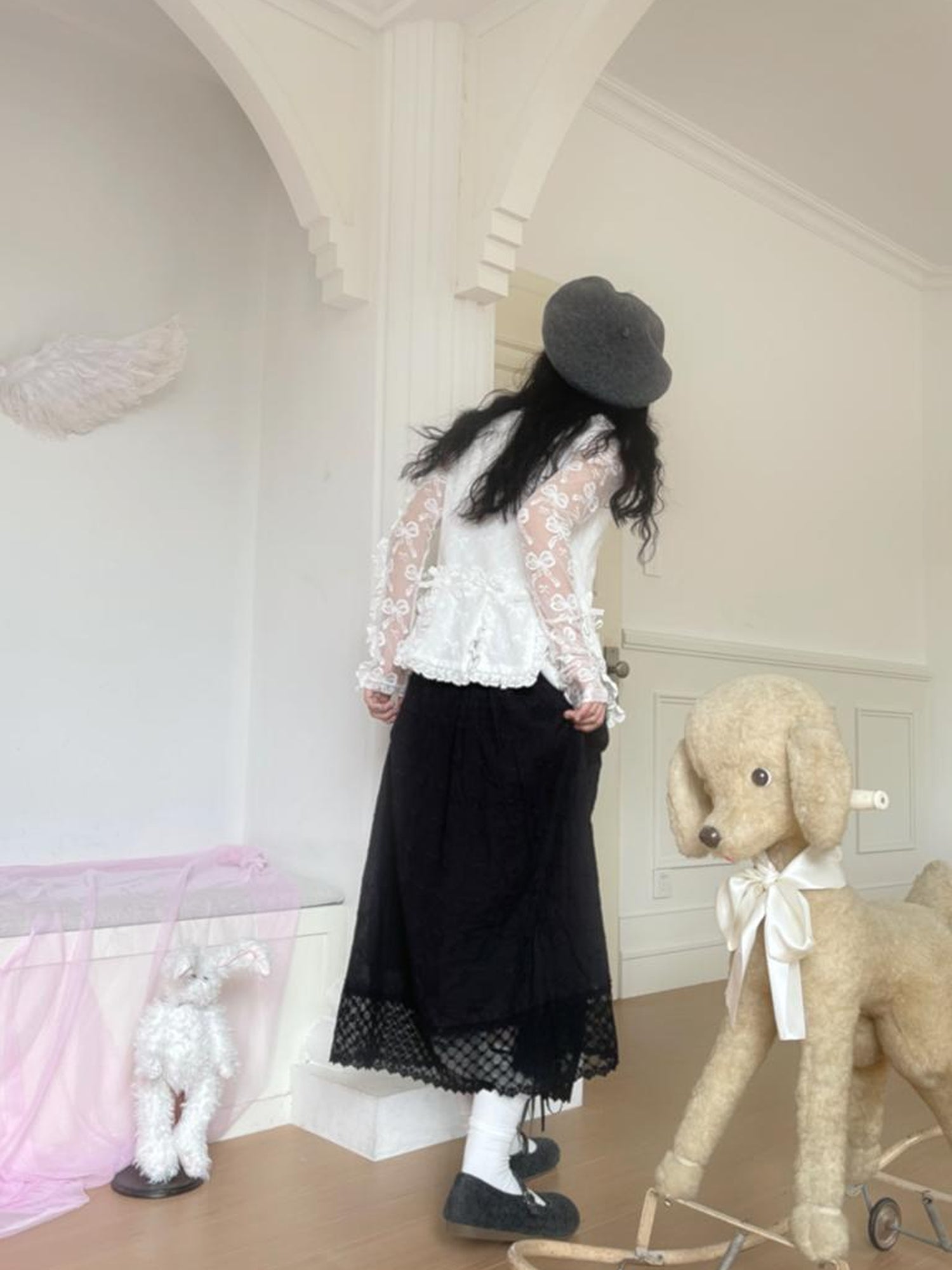 Daytoday Butterfly Embroidery Black White Long Skirt