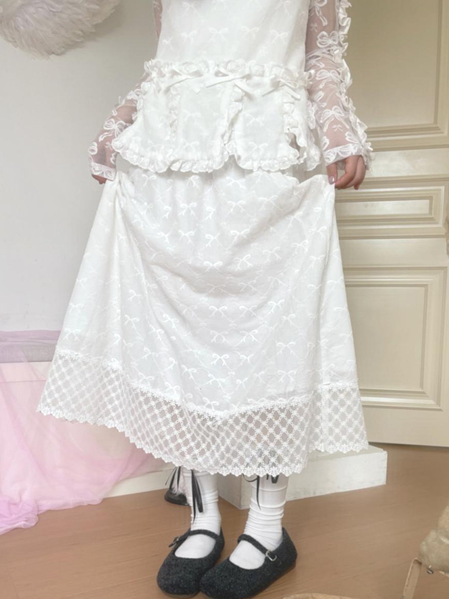 Daytoday Butterfly Embroidery Black White Long Skirt