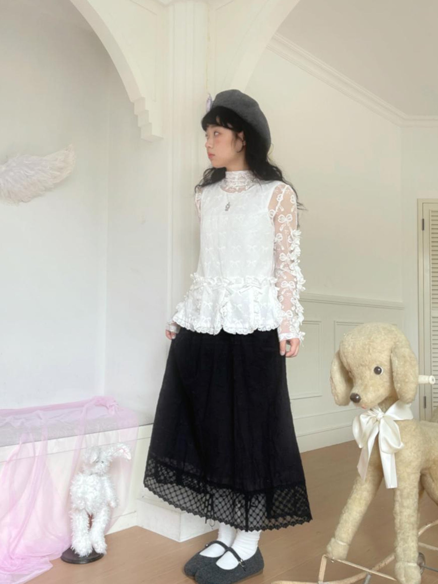Daytoday Butterfly Embroidery Black White Long Skirt