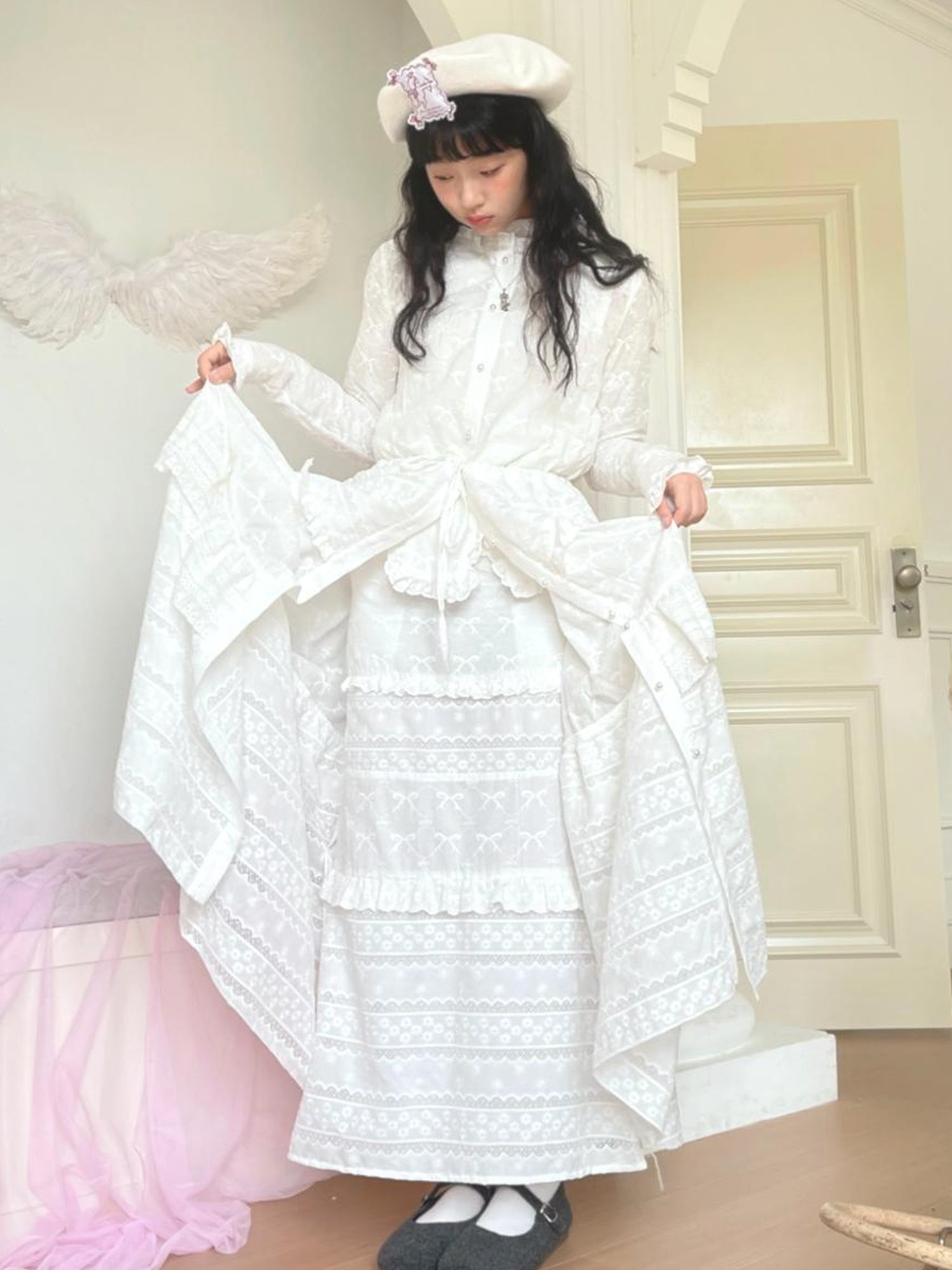 Daytoday Butterfly Embroidery Ruffle Hem Cotton Dress Cardigan