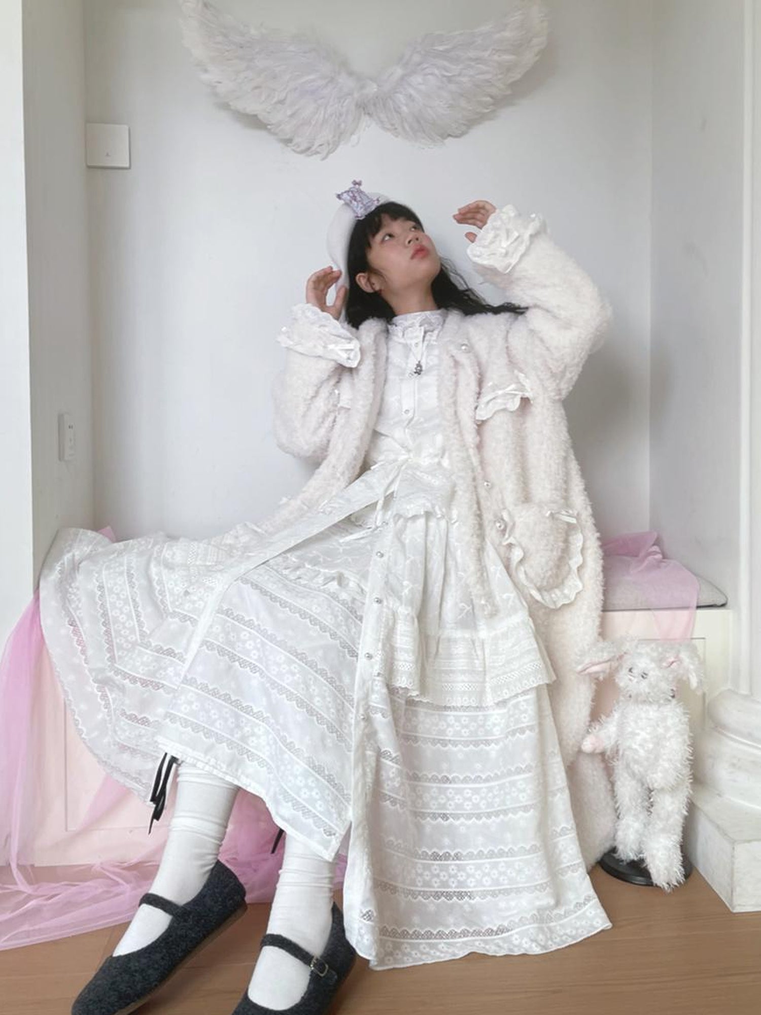 Daytoday Butterfly Embroidery Ruffle Hem Cotton Dress Cardigan