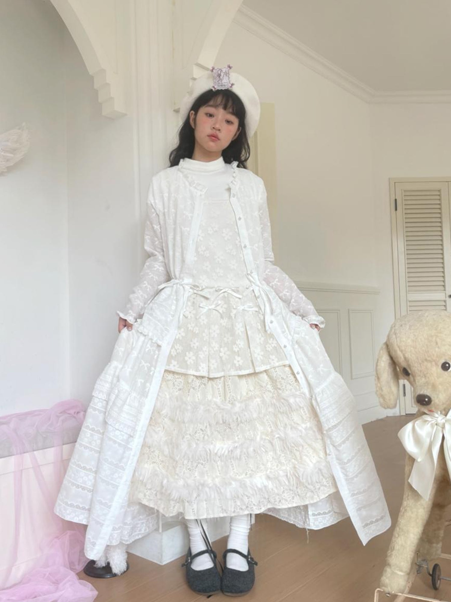 Daytoday Butterfly Embroidery Ruffle Hem Cotton Dress Cardigan