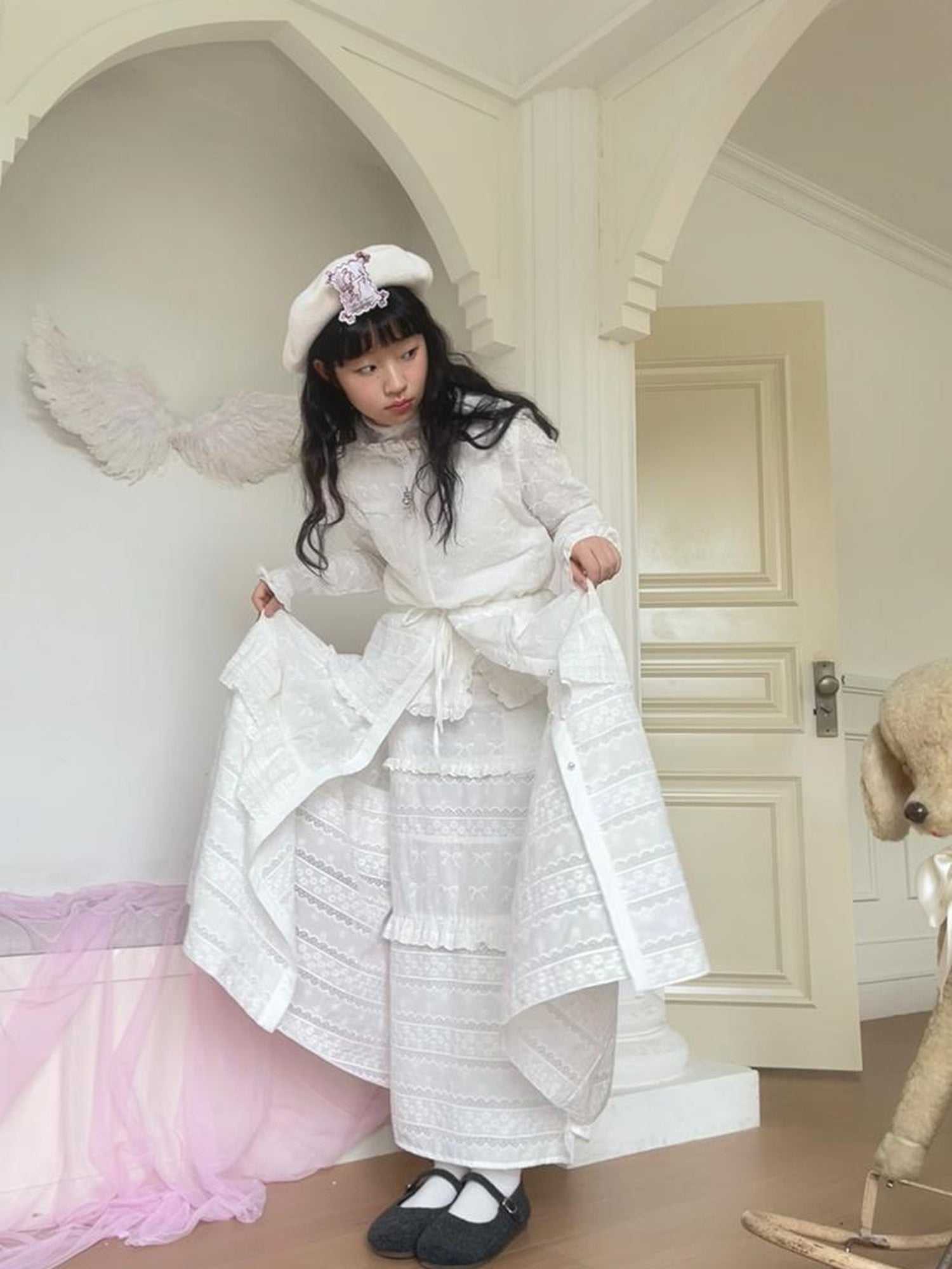 Daytoday Butterfly Embroidery Ruffle Hem Cotton Dress Cardigan