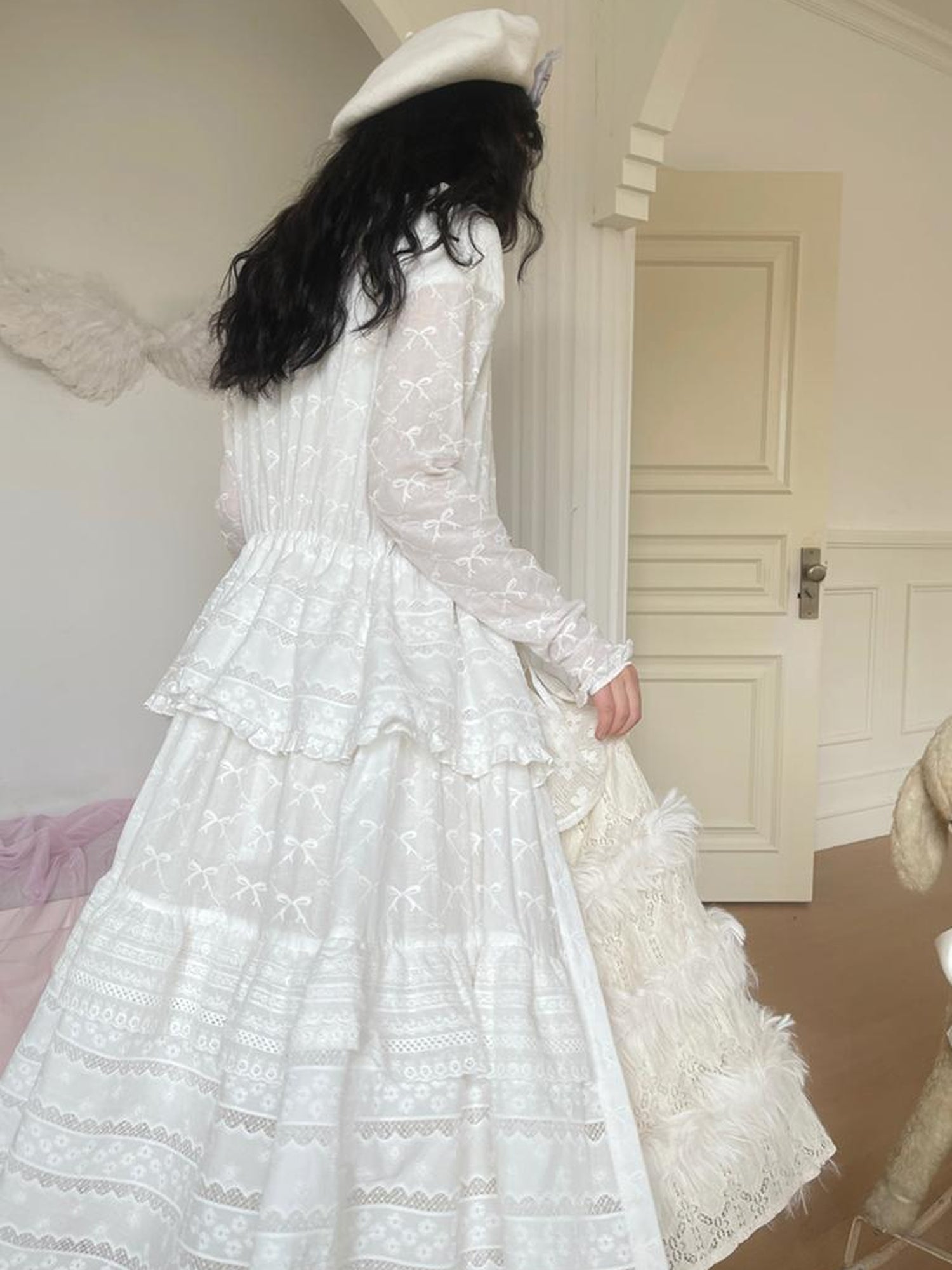 Daytoday Butterfly Embroidery Ruffle Hem Cotton Dress Cardigan