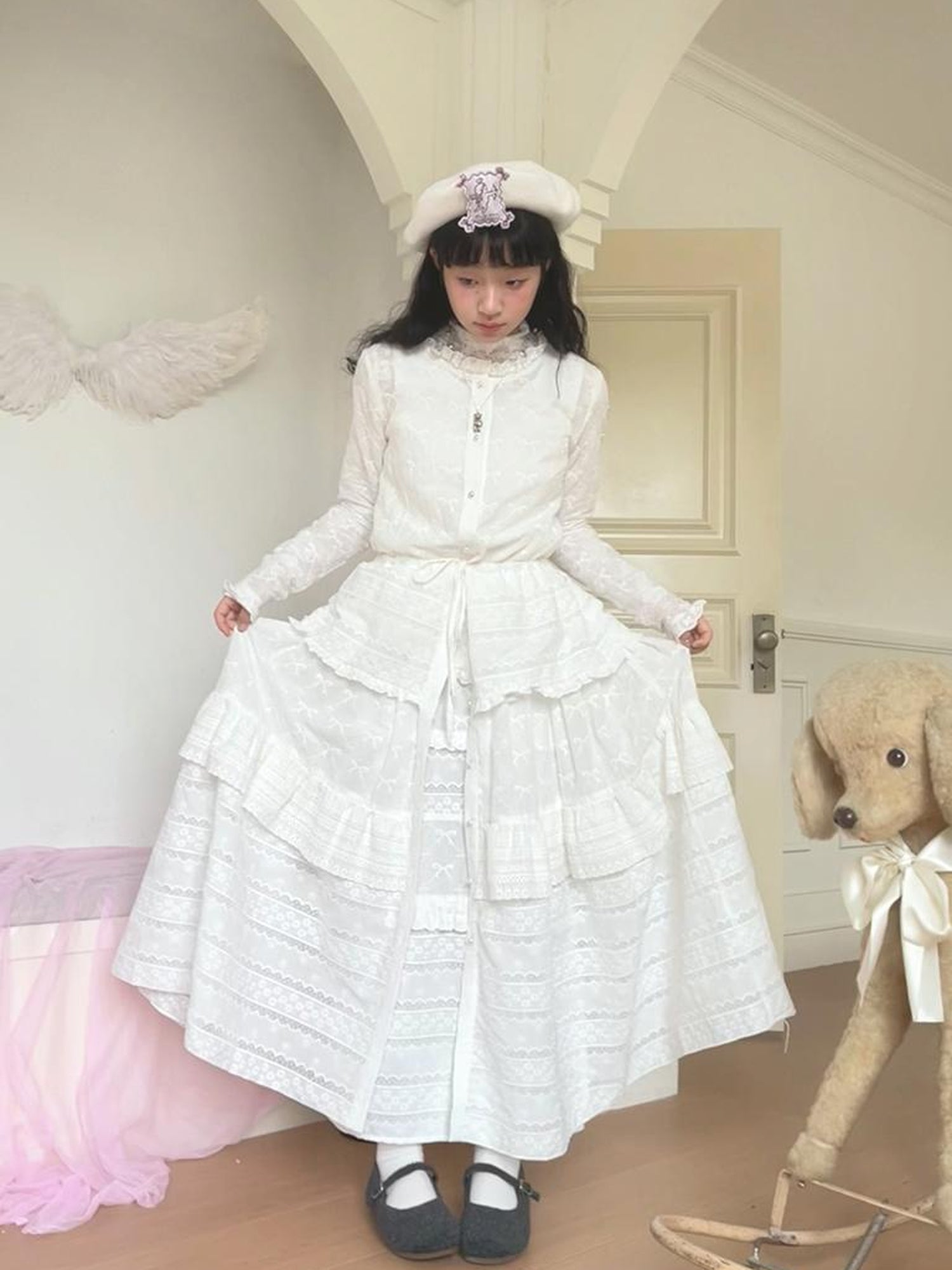 Daytoday Butterfly Embroidery Ruffle Hem Cotton Dress Cardigan