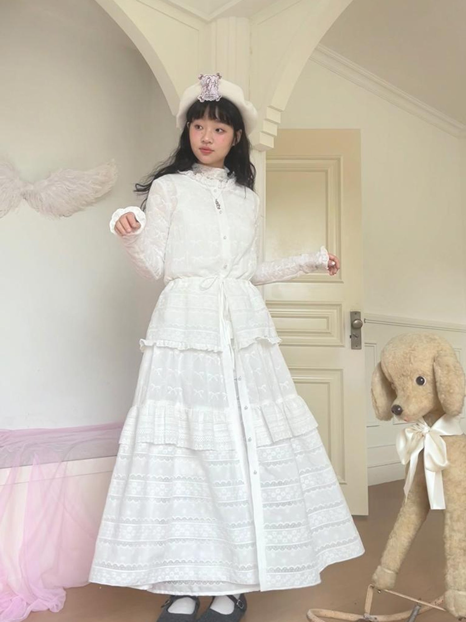 Daytoday Butterfly Embroidery Ruffle Hem Cotton Dress Cardigan