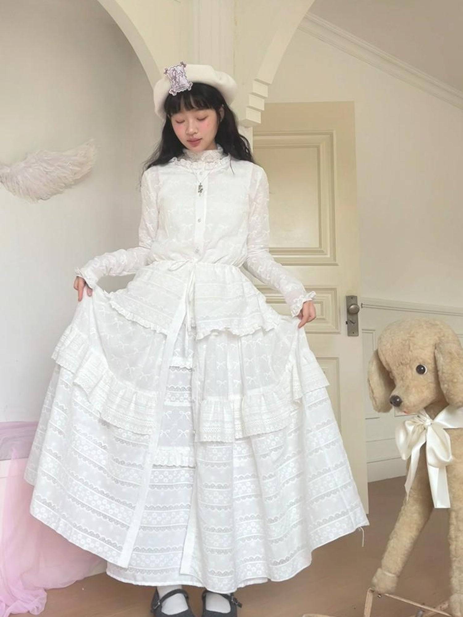 Daytoday Butterfly Embroidery Ruffle Hem Cotton Dress Cardigan