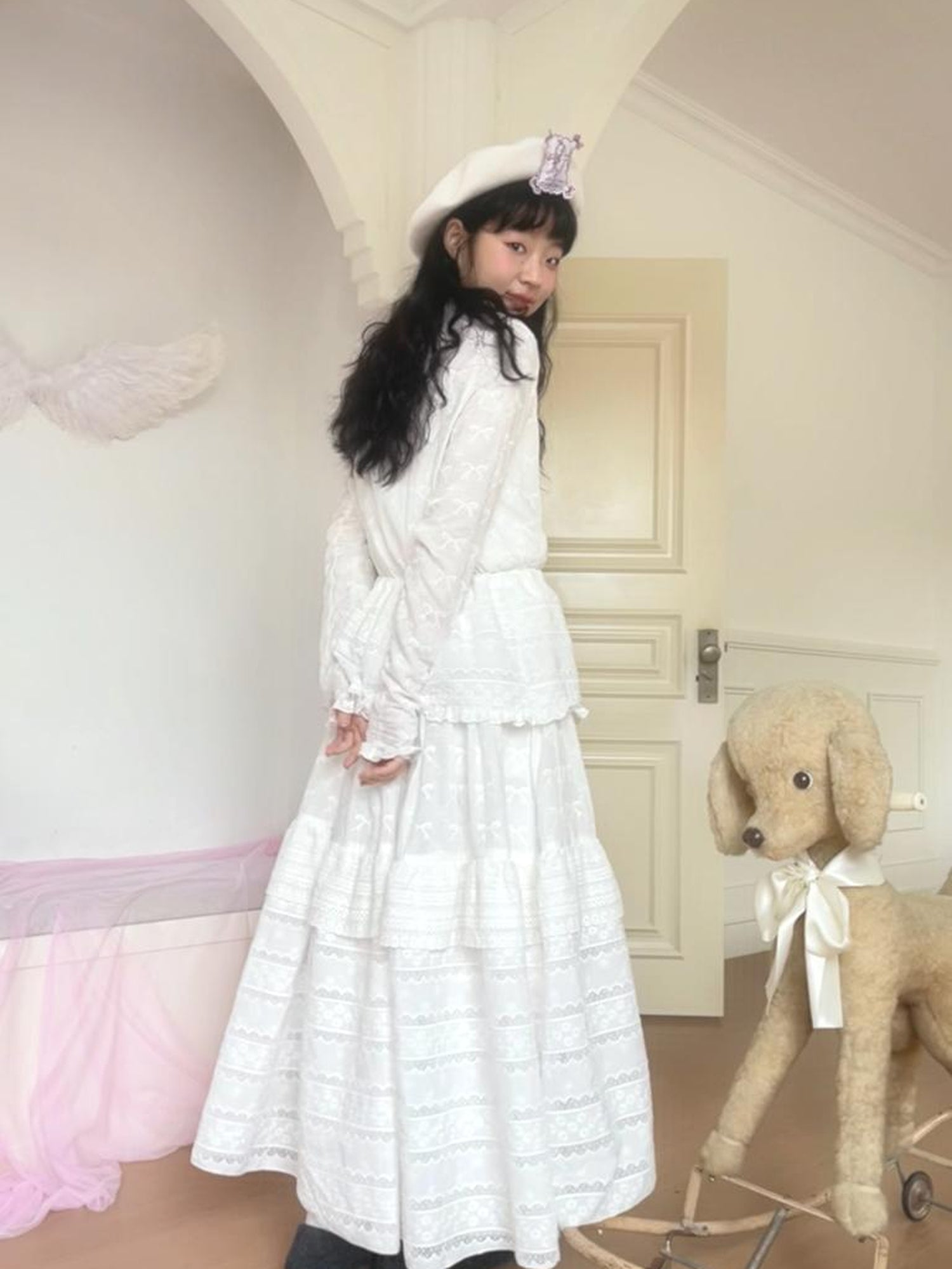 Daytoday Butterfly Embroidery Ruffle Hem Cotton Dress Cardigan