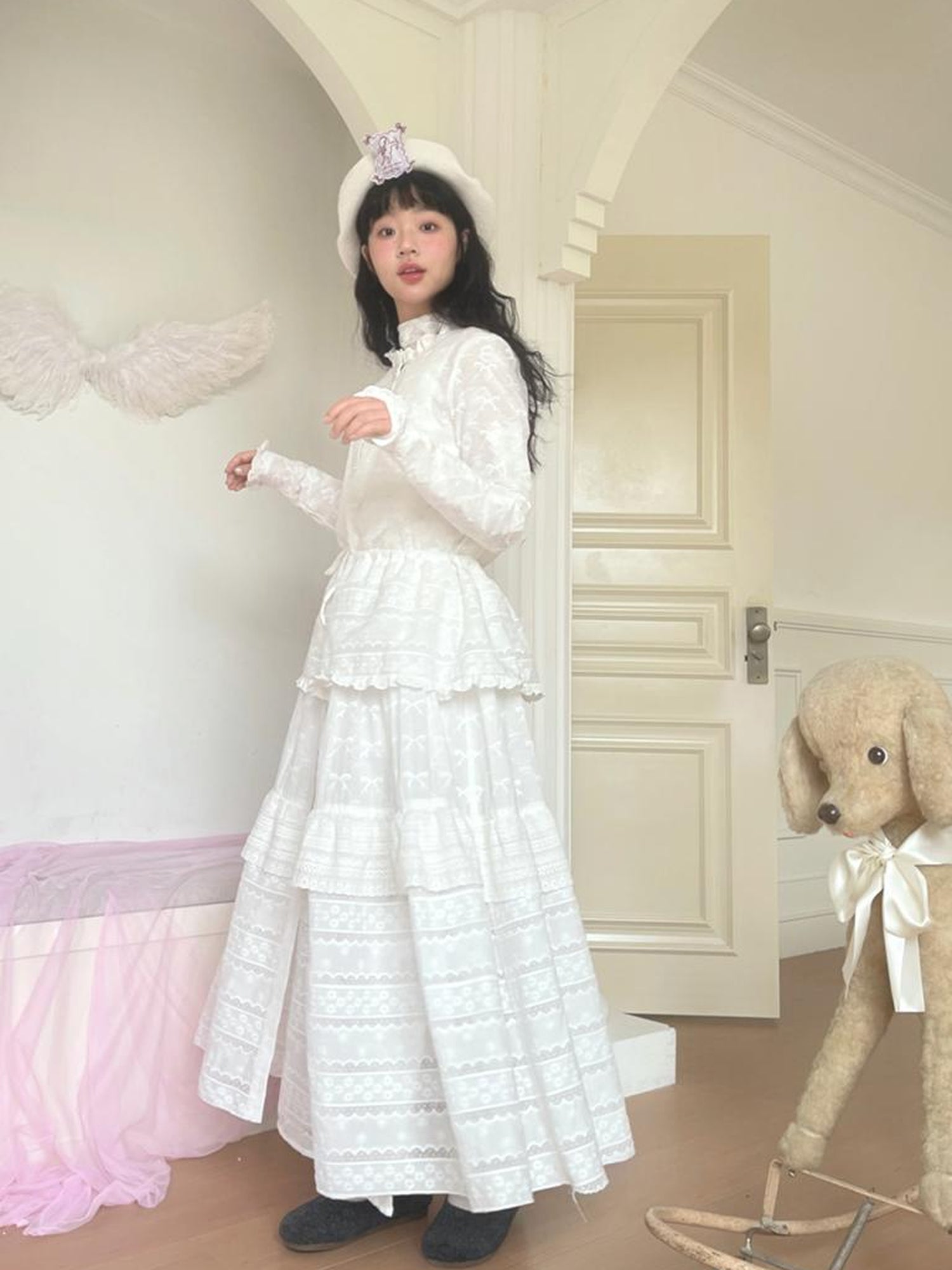 Daytoday Butterfly Embroidery Ruffle Hem Cotton Dress Cardigan