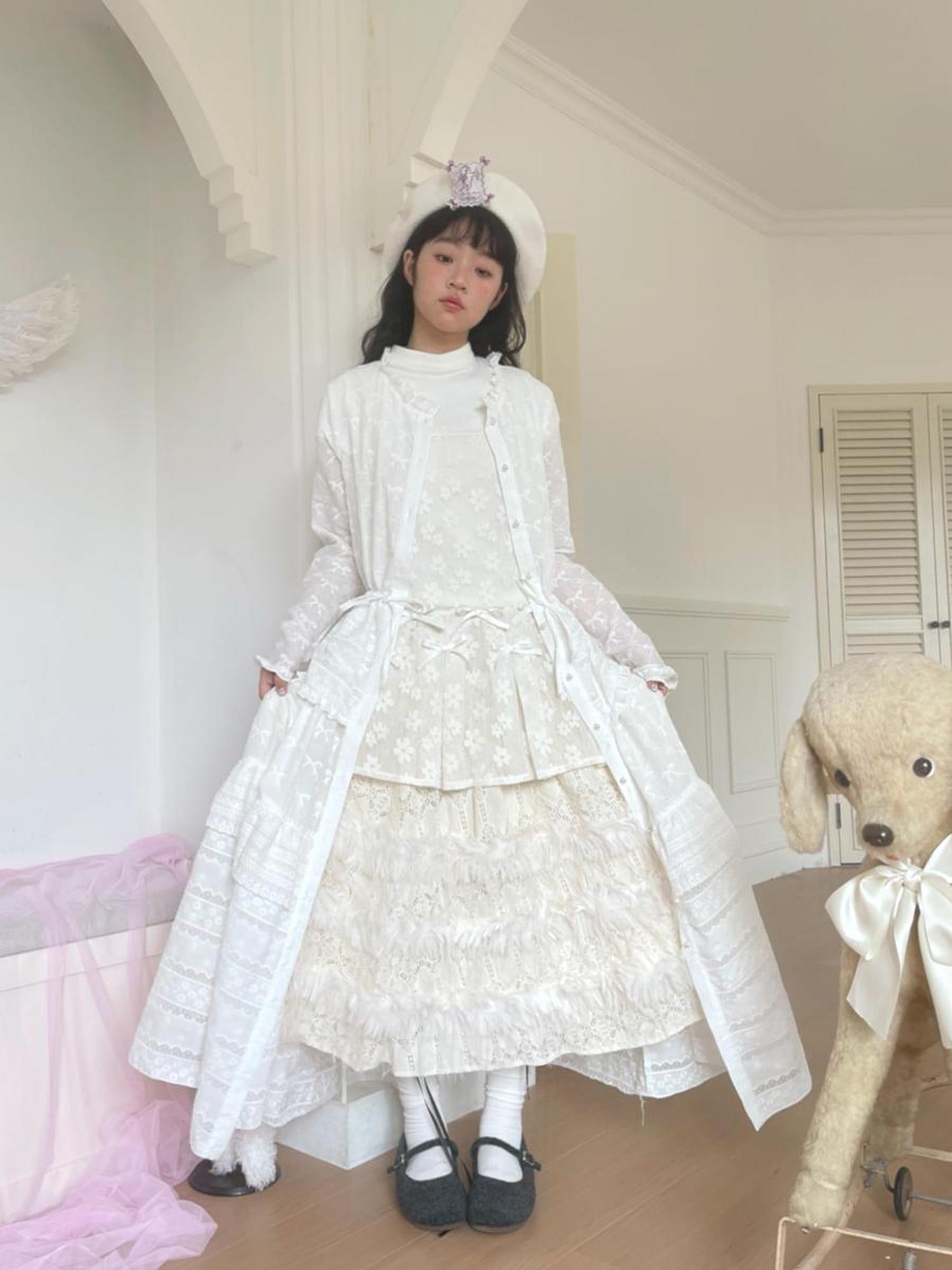 Daytoday Butterfly Embroidery Ruffle Hem Cotton Dress Cardigan