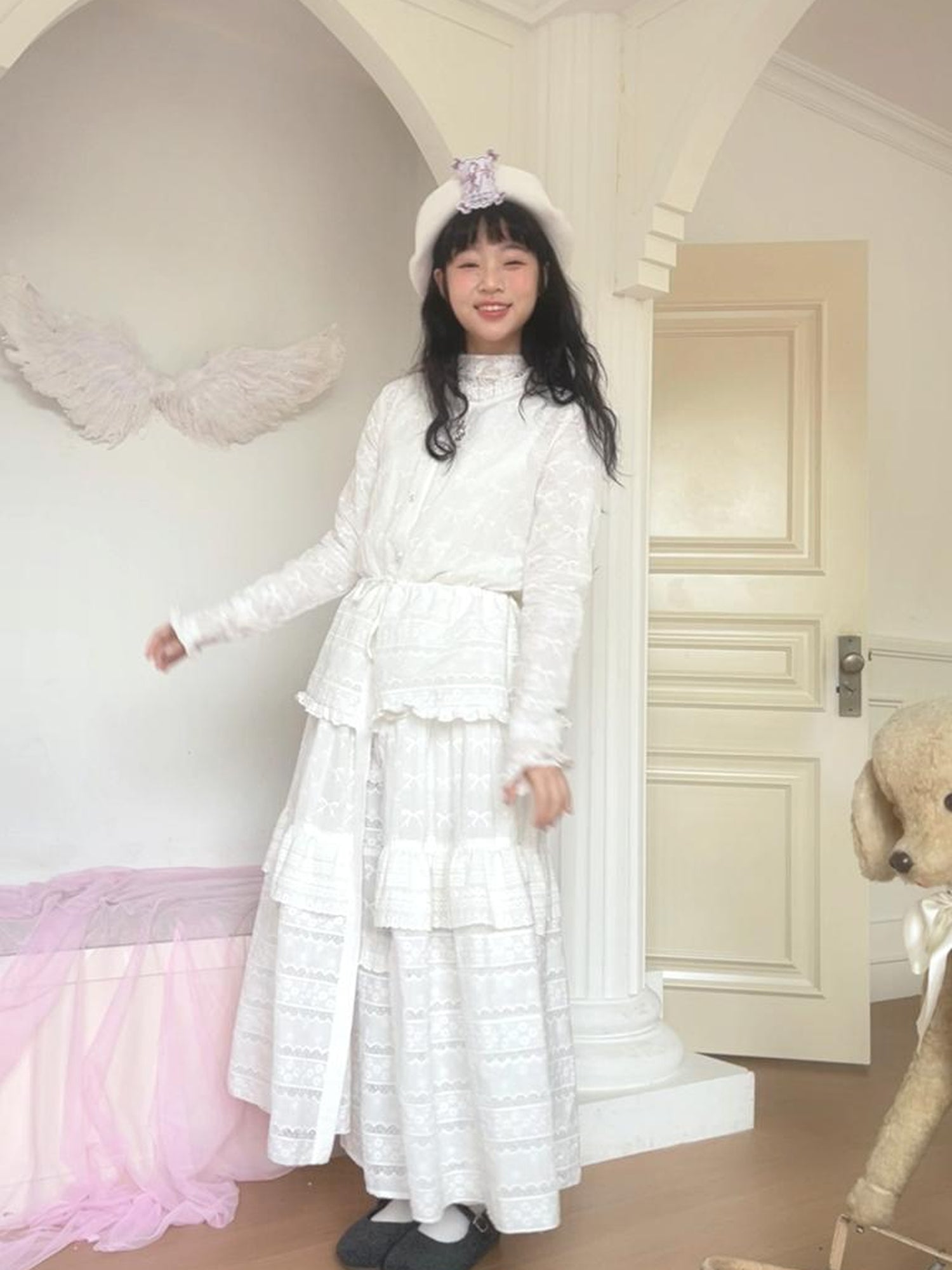 Daytoday Butterfly Embroidery Ruffle Hem Cotton Dress Cardigan