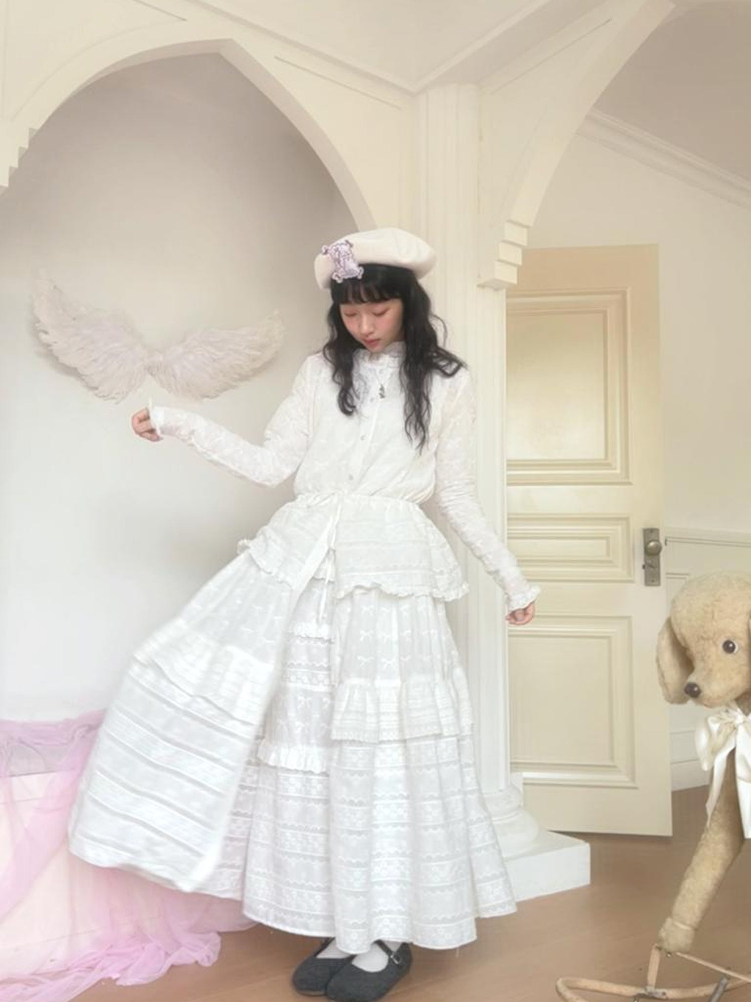 Daytoday Butterfly Embroidery Ruffle Hem Cotton Dress Cardigan