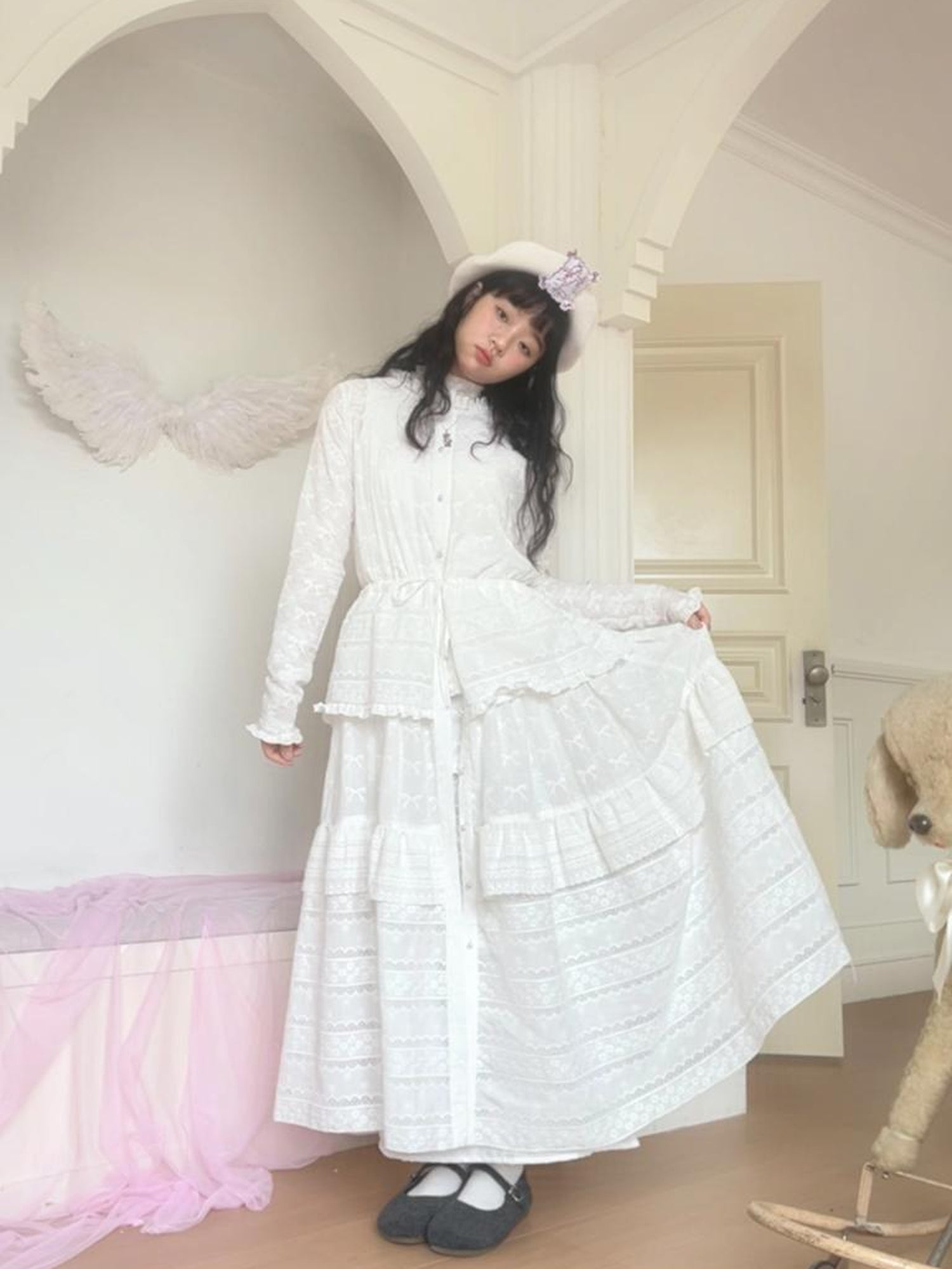 Daytoday Butterfly Embroidery Ruffle Hem Cotton Dress Cardigan