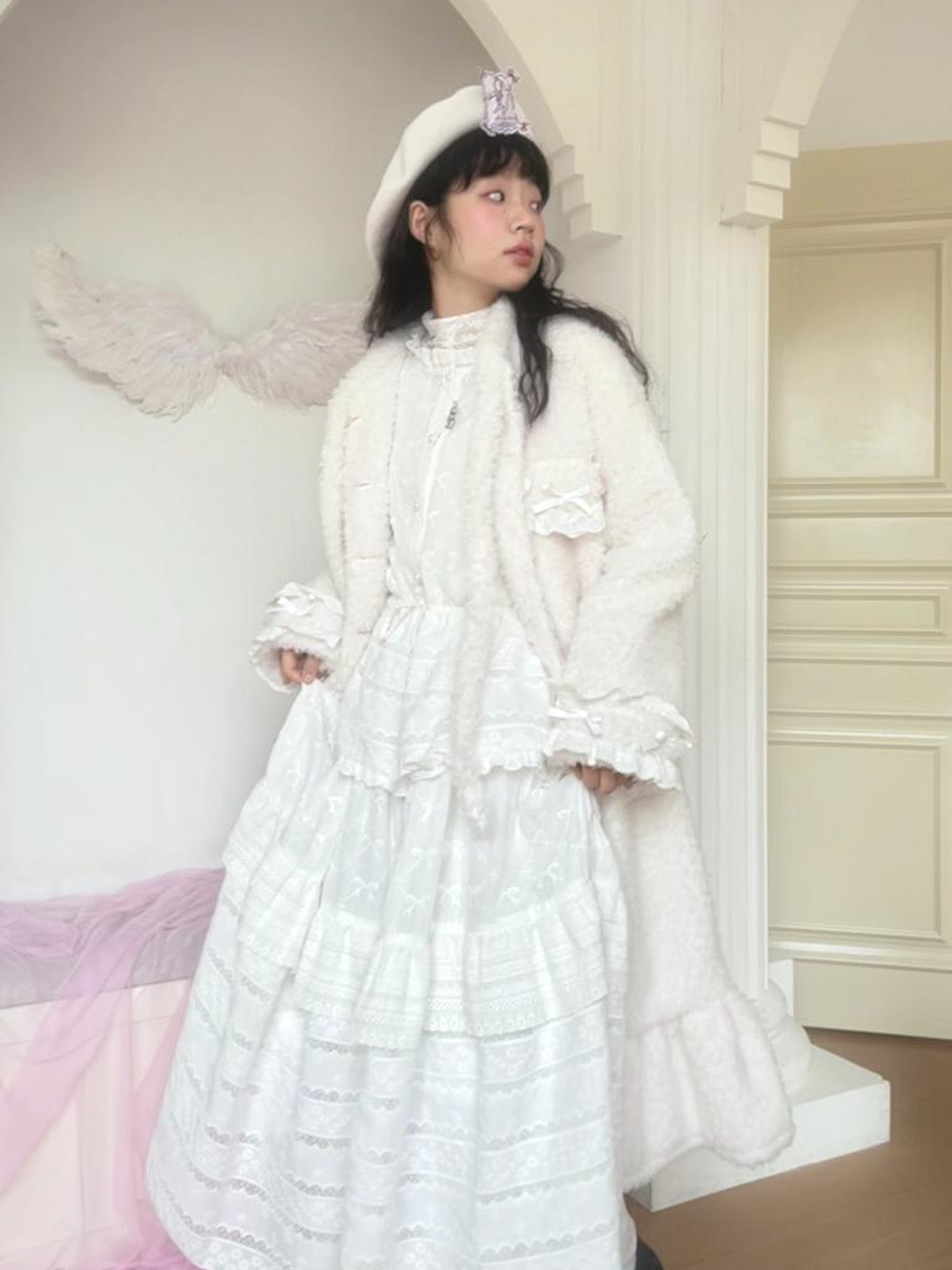 Daytoday Butterfly Embroidery Ruffle Hem Cotton Dress Cardigan