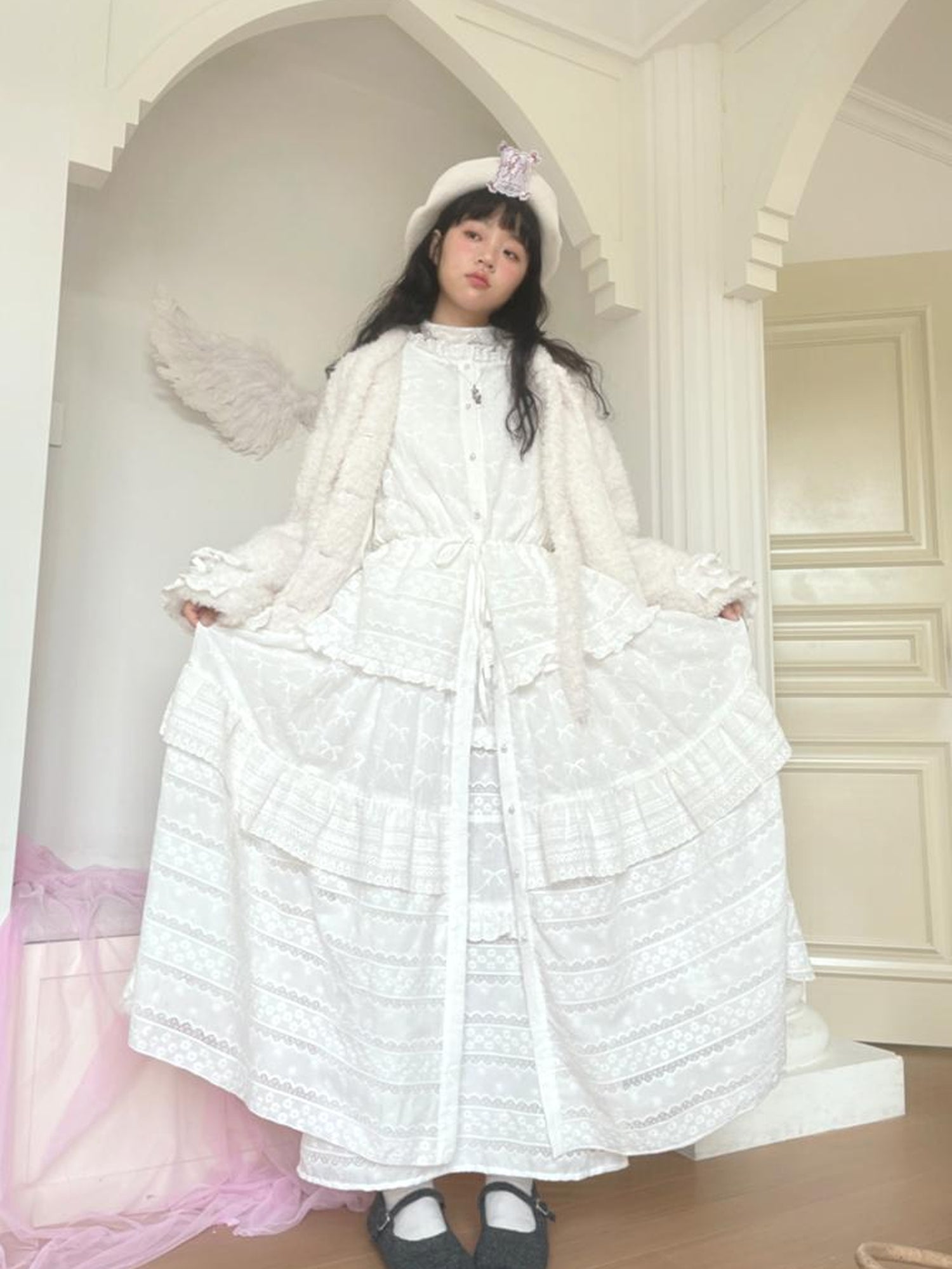 Daytoday Butterfly Embroidery Ruffle Hem Cotton Dress Cardigan