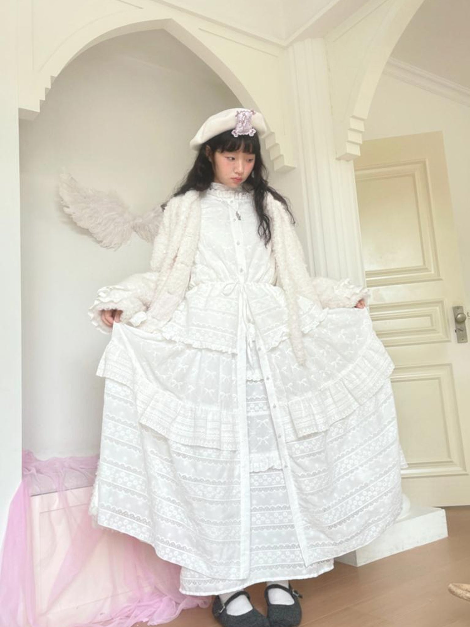 Daytoday Butterfly Embroidery Ruffle Hem Cotton Dress Cardigan