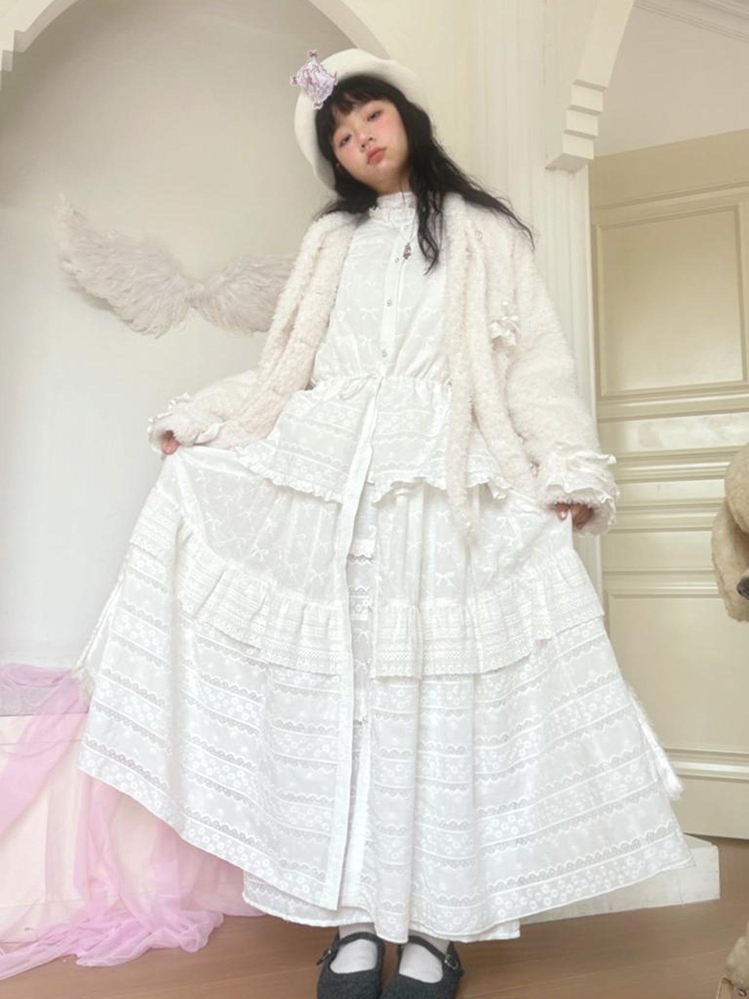 Daytoday Butterfly Embroidery Ruffle Hem Cotton Dress Cardigan