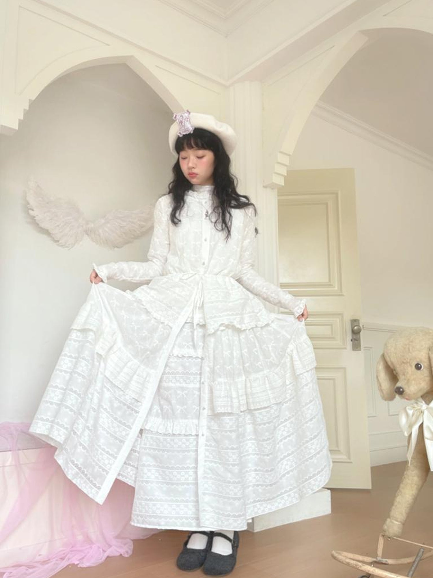 Daytoday Butterfly Embroidery Ruffle Hem Cotton Dress Cardigan